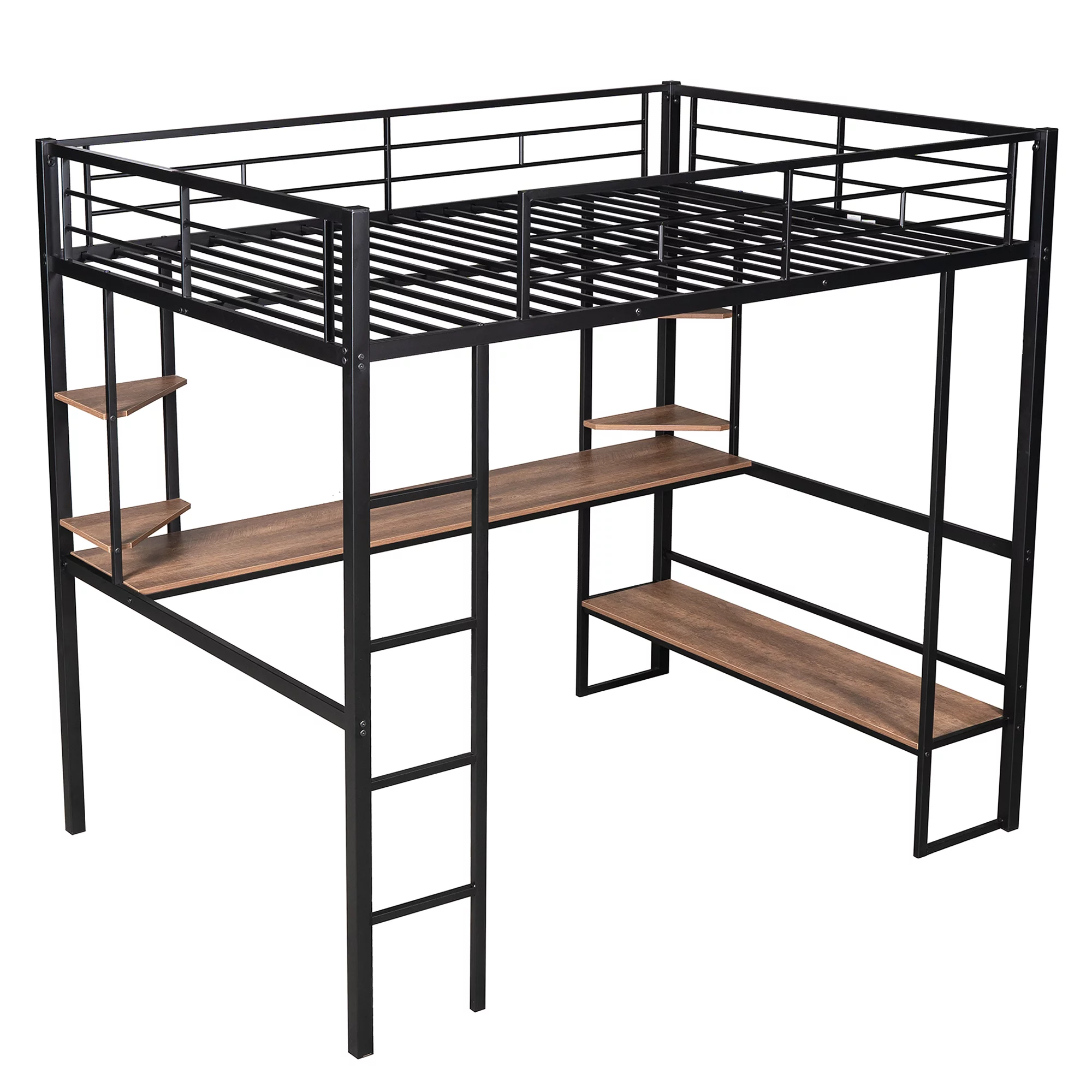 paproos Loft Bed Full, Metal Loft Bed Frame with Long Desk and Storage Shelves, No Box Spring Needed, Full Size Loft Bed with Safety Guardrail and Ladder for Kids, Boys, Girls, Teens, Adults, Black