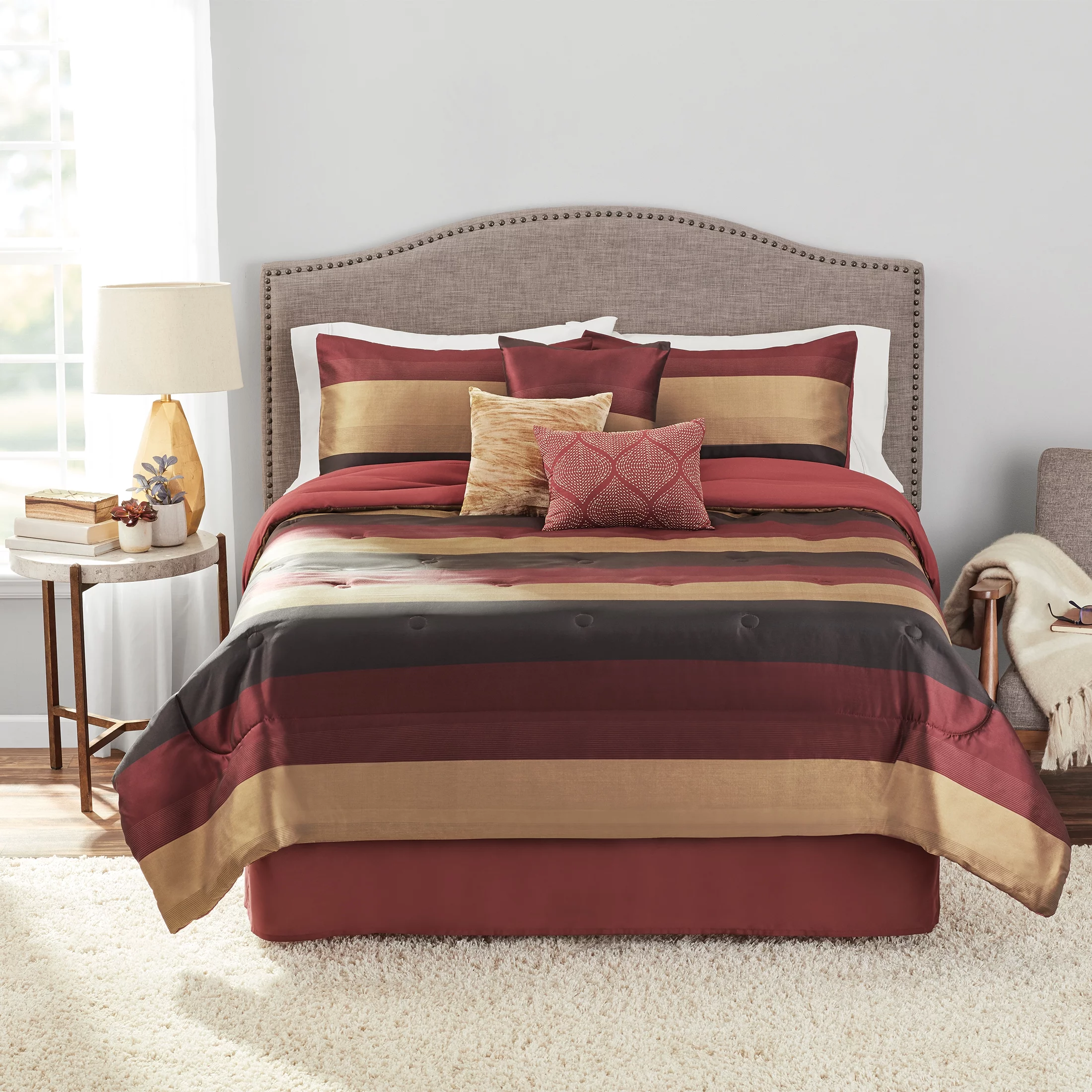 Mainstays 7-Piece Red Striped Hudson Comforter Set, King