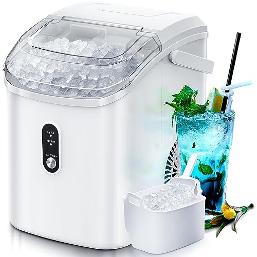 Nugget Countertop Ice Maker with Soft Chewable Ice, 34Lbs/24H, Pebble Portable Ice Machine with Ice Scoop, Self-Cleaning, One-Click Operation, for Kitchen,Office Stainless Steel Silver