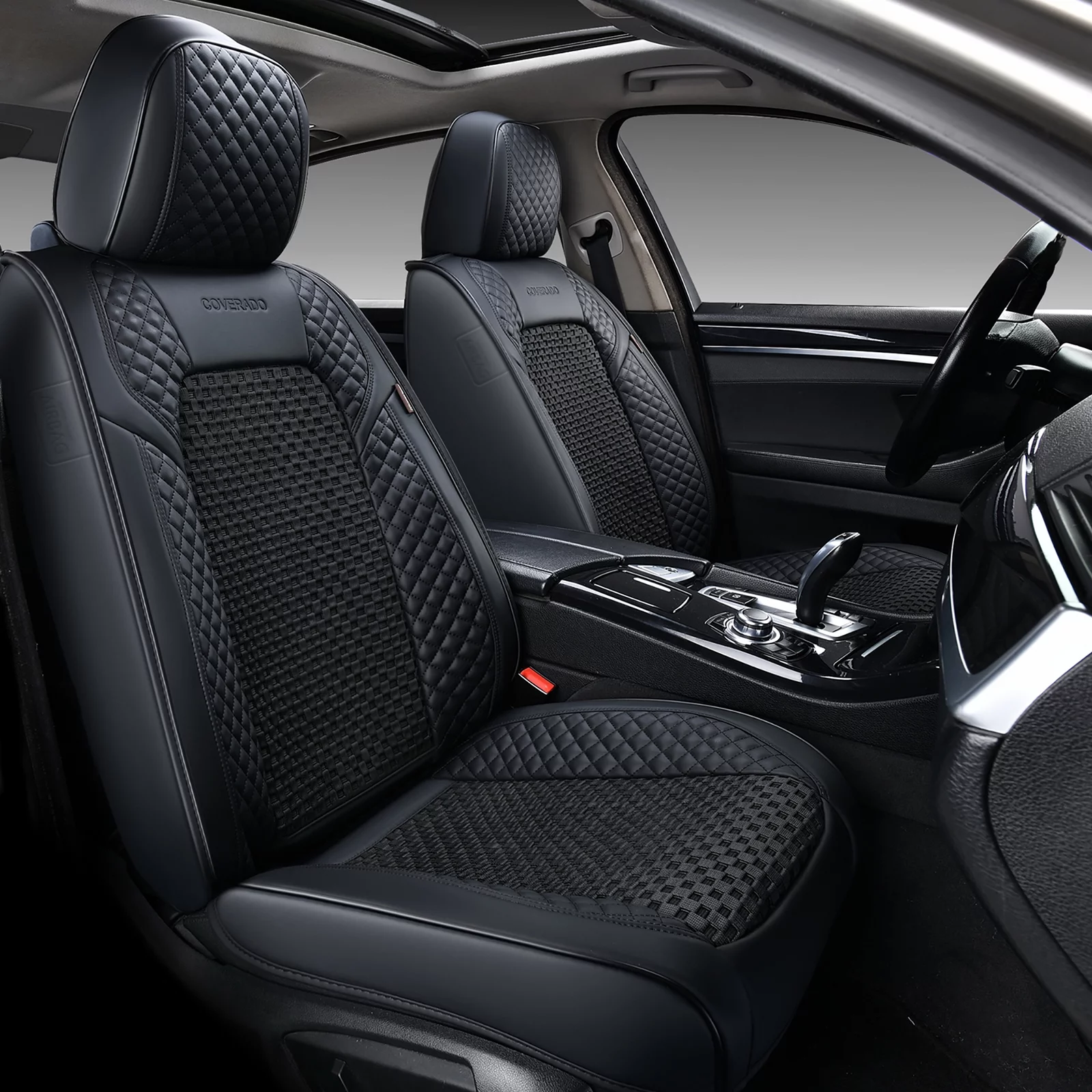 Coverado Black Seat Covers Full Set for Car, 5 Seats Faux Leather Front and Back Auto Seat Protectors, Breathable Universal Driving Seat Covers Cushions, Compatible with Sedan, SUVs, Trucks