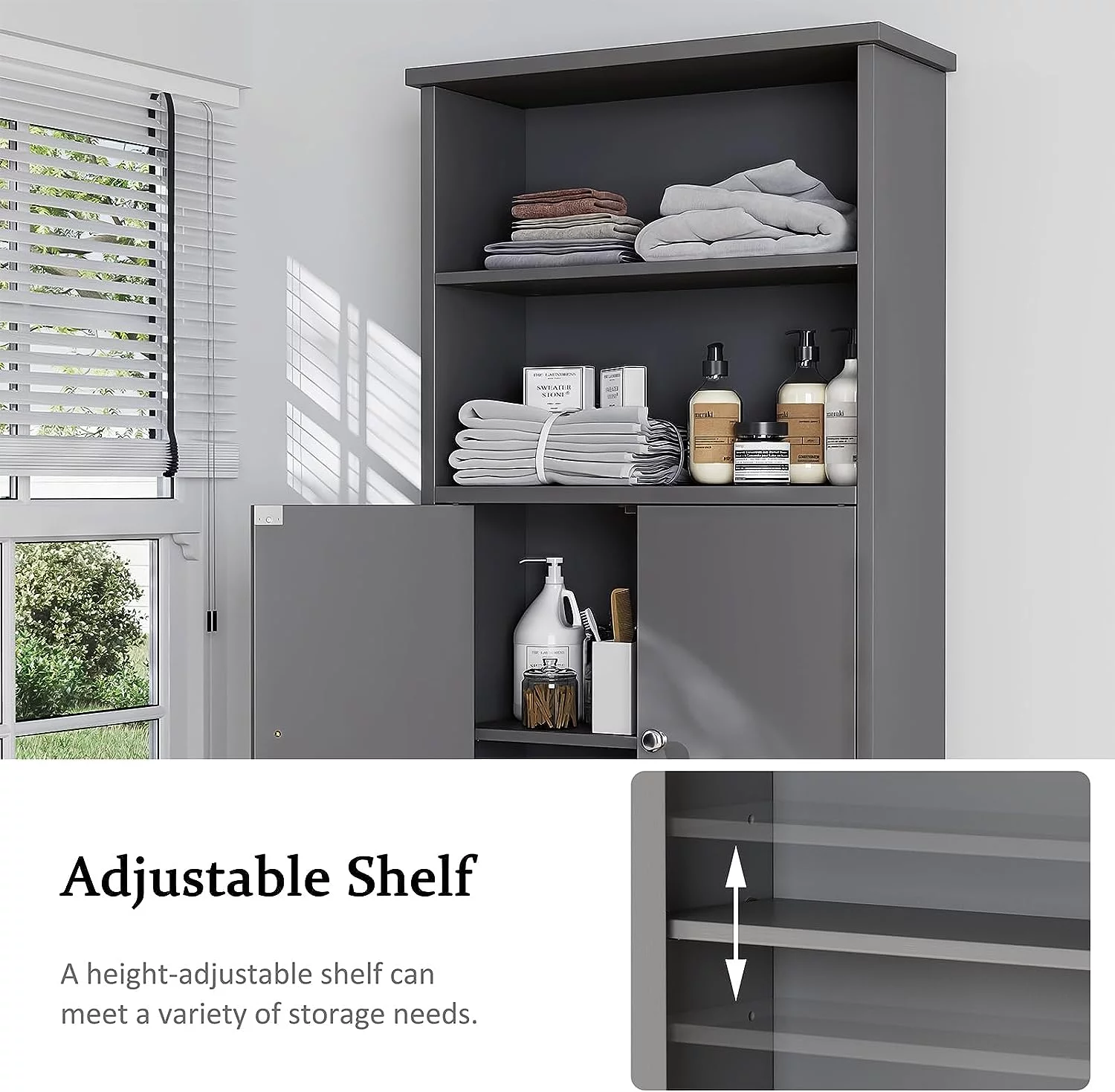 Sobaniilo Over The Toilet Storage Cabinet for Bathroom, Storage Organizer Over Toilet, Space Saver W/Adjustable Shelf & Open Storage Shelf, 75in, Gray