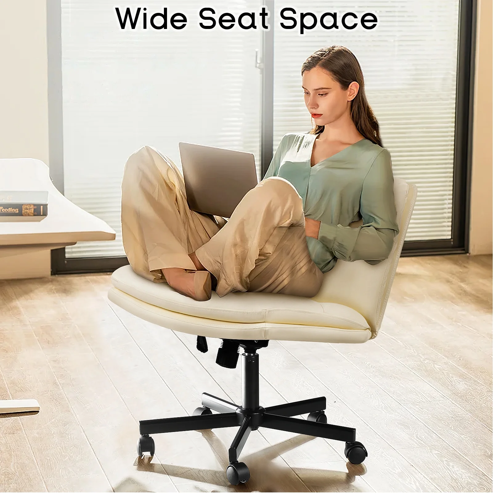 Waleaf Criss Cross Chair with Wheels,PU Leather Padded Armless Cross Legged Office Desk Chair for Home Office