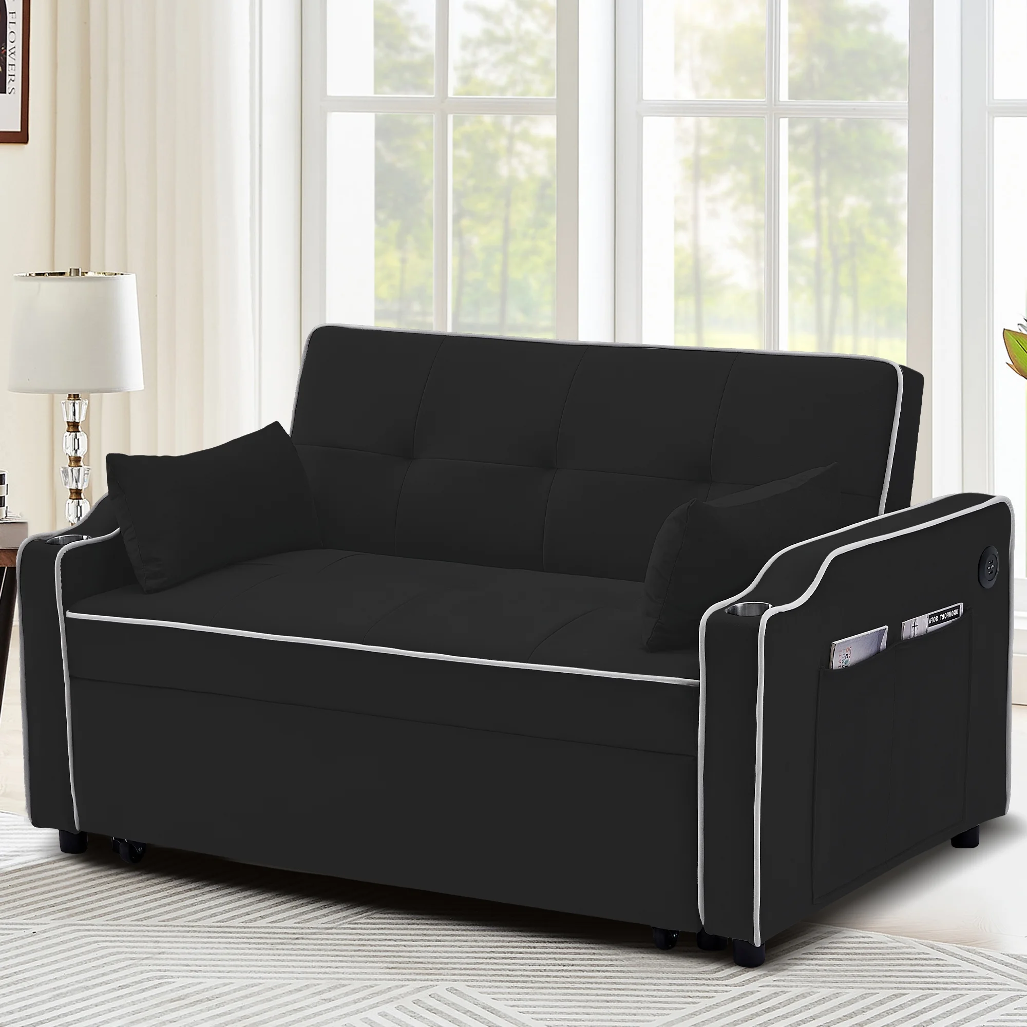 Momspeace Pull Out Loveseat Sleeper Sofa Bed with Cup Holders, Usb Ports and Side Pockets, Black