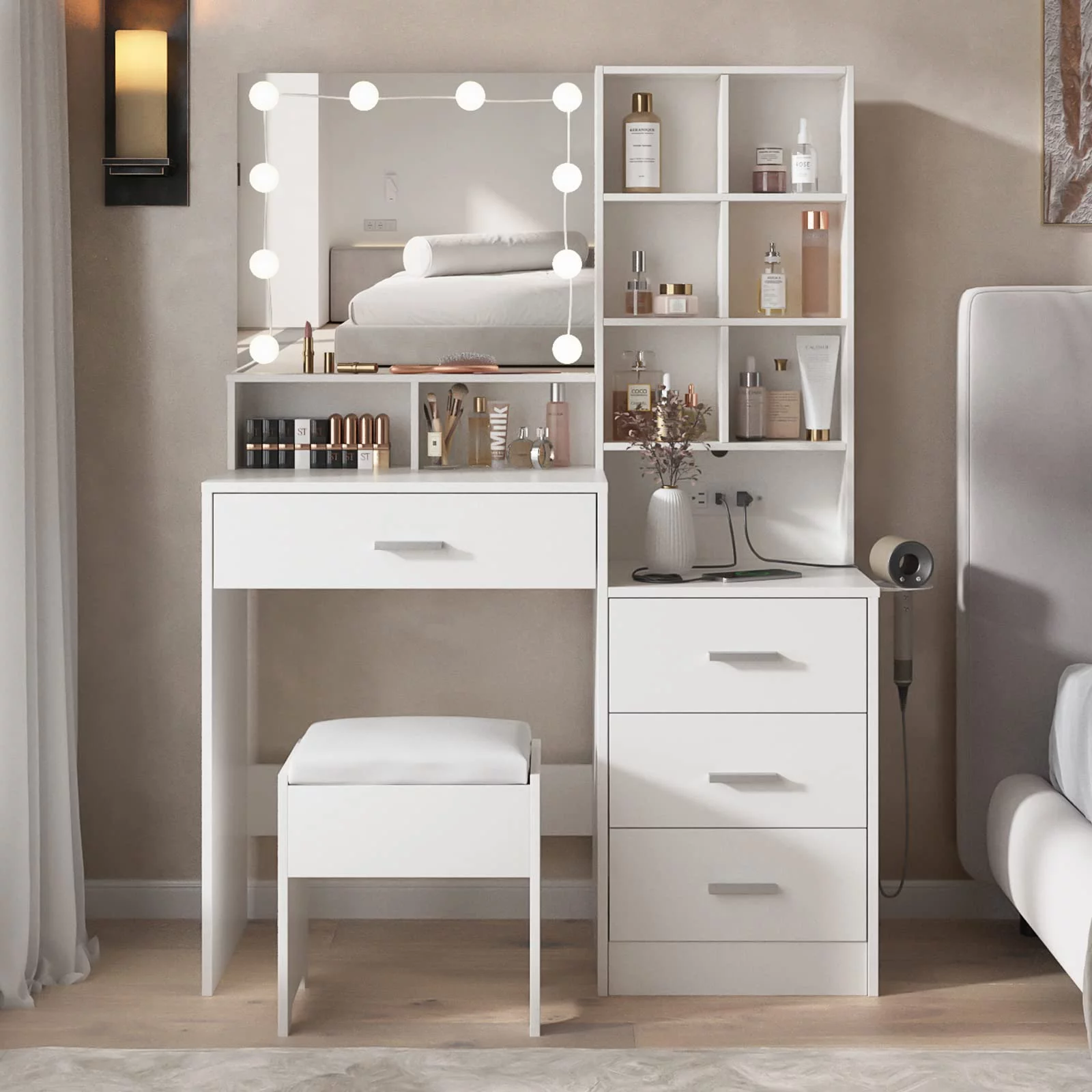 Veanerwood Modern Vanity Desk with Mirror and Lights, Makeup Vanity Table Set with Drawer and Power Strip, for Bedroom, 39.3in, White