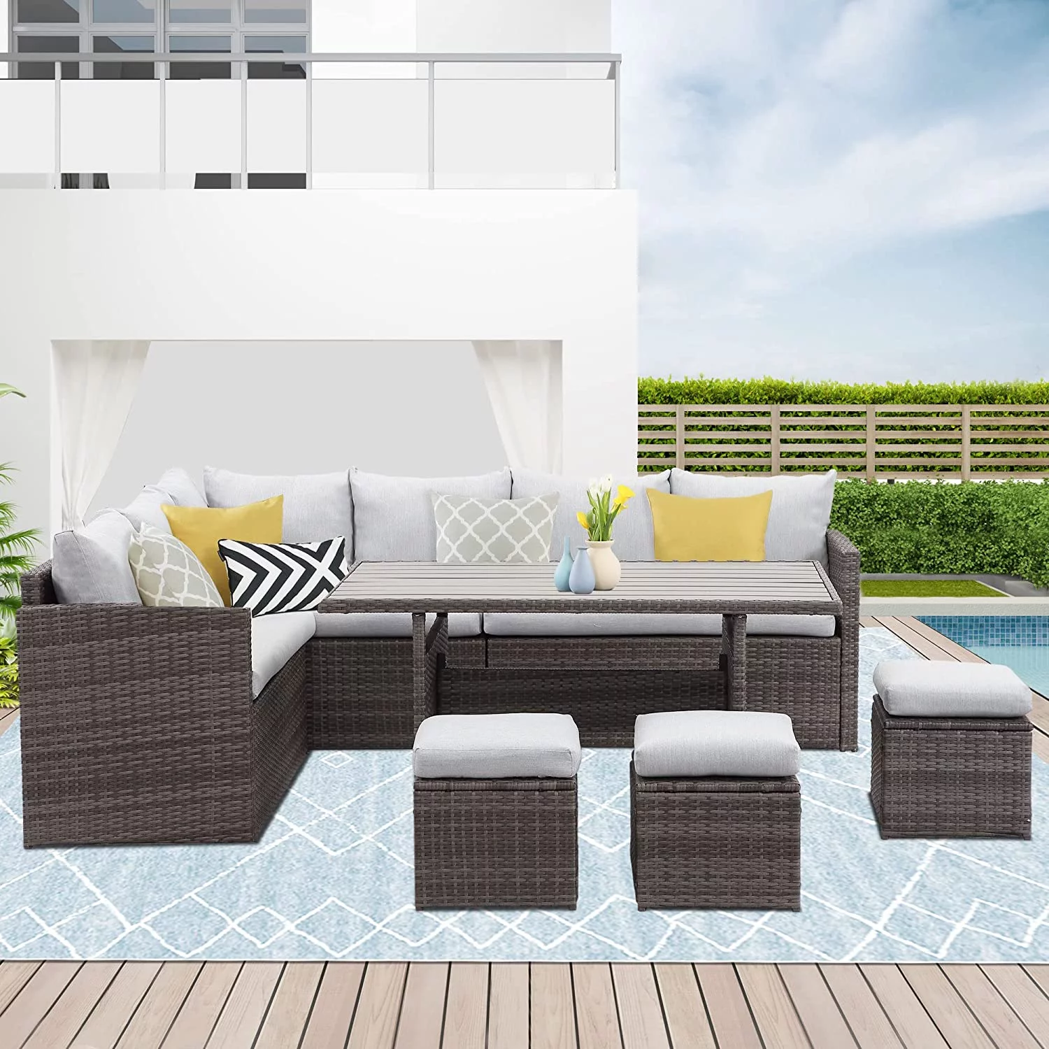 Lane Patio Furniture Set  7 Piece Outdoor Dining Sectional Sofa with Dining Table and Chair  All Weather Wicker Conversation Set with Ottoman  Ivory