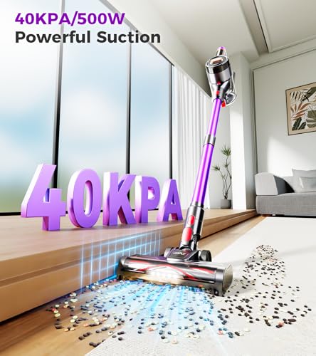 Cordless Vacuum Cleaner, 500W/40Kpa/60Mins Vacuum Cleaners for Home, Anti-tangle Stick Vacuum with Self-Standing, Wall Mount Charging, LDE Display, Wireless Vacuum for Carpet Pet Hair Hardfloor