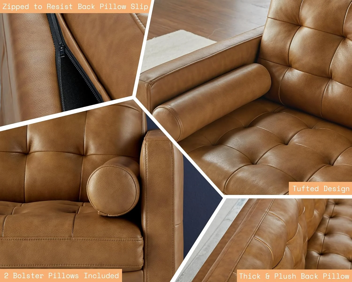 AMERLIFE Leather Sofa,Mid-Century Modern Genuine Leather Sofa,2 Piece Set 3 Seater Comfy Couch for Living Room Home Office-Brown Leather Sofa Couch