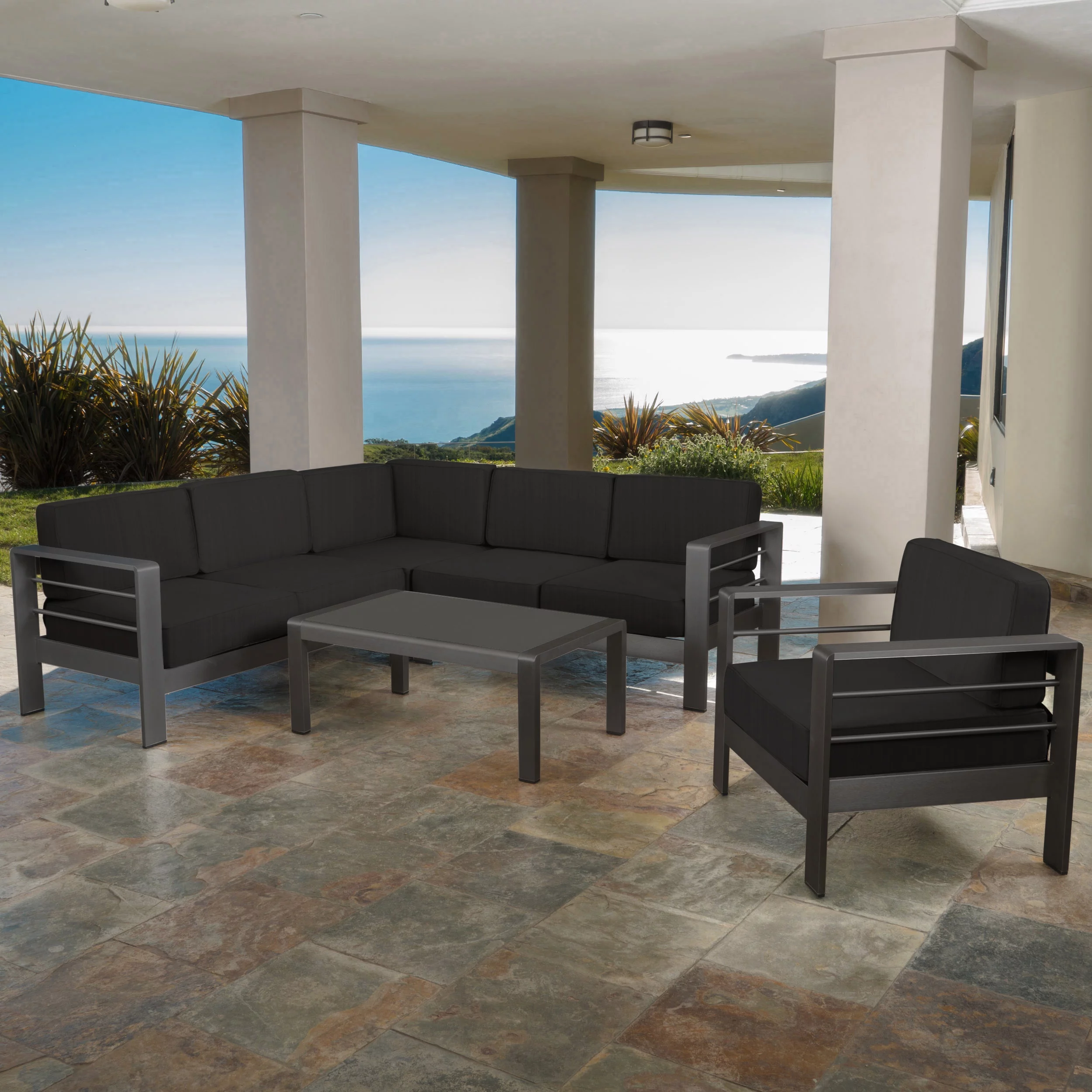 Gannon Outdoor 5 Piece Aluminum V-Shape Sectional Sofa Set with Cushions, Grey, Dark Grey