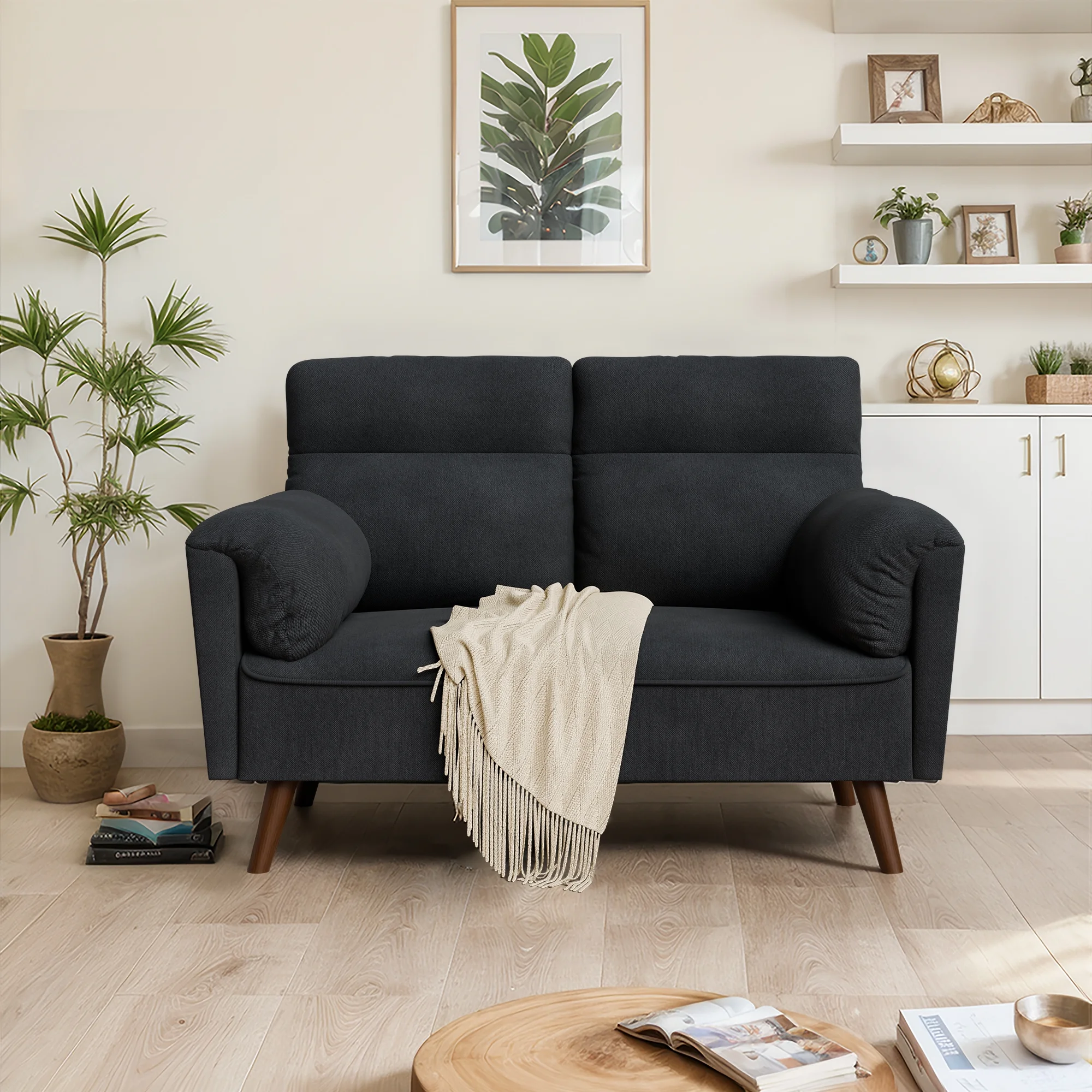 Walsunny 49'' Loveseat Sofa Small Sofa Couch Mid Century Modern Decor Love Seats with Back Cushions and Solid Wood Legs, Upholstered 2-Seater Black