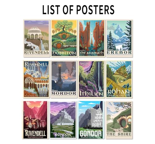 LIAUMO 12pcs Travel Middle Earth Landscape Posters, Nordic Painting Wall Art Collage Kit, Home Bar Office Decal,Birthday Holiday Gifts Unframed paper 11.2x16.5inch