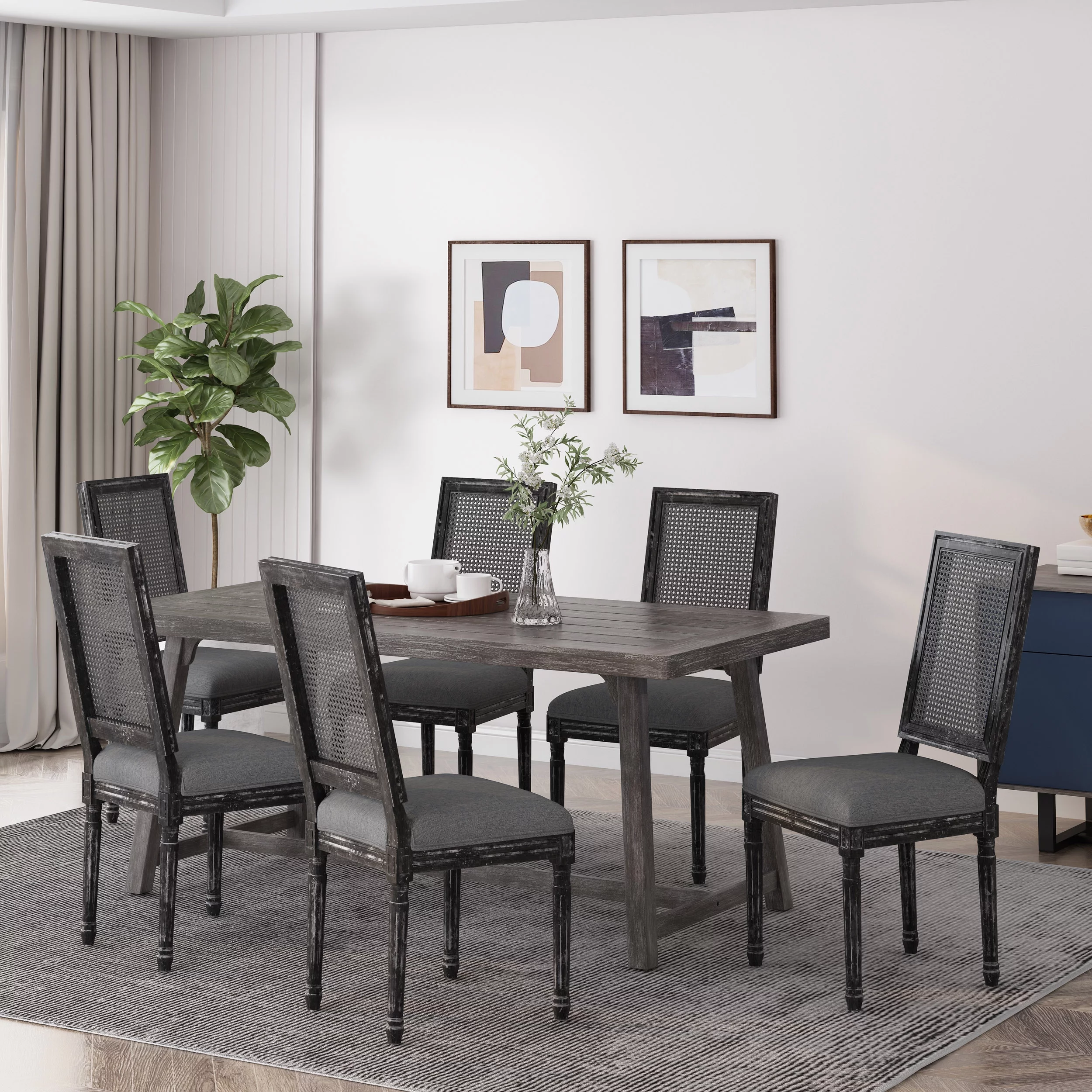 Noble House Beckstrom French Fabric Dining Chair, Set of 6, Gray