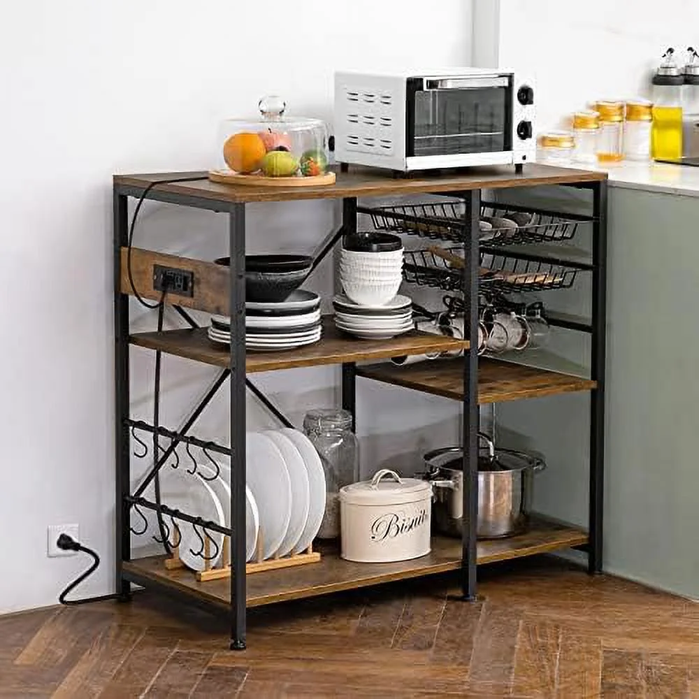 KHBIULIFE Kitchen Bakers Rack with   Bakers Rack Coffee  Table Microwave Oven Stand with Wire Basket 7 Hooks Metal Frame Wood Organizer  Rustic Brown