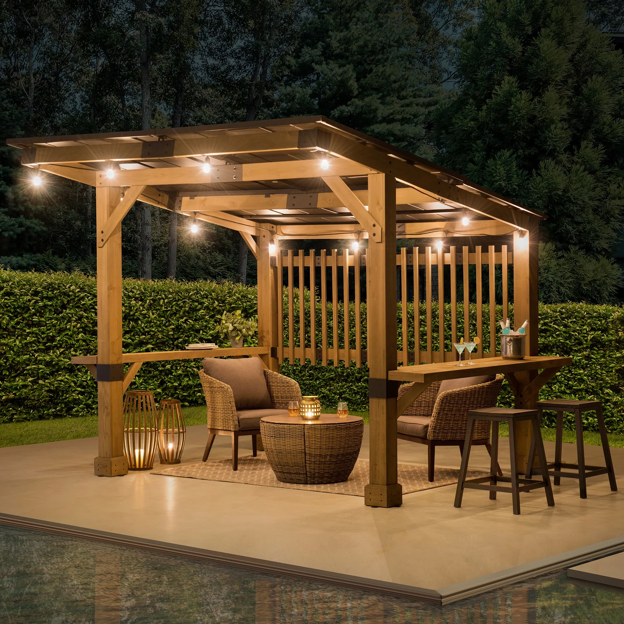 Sunjoy Wooden Grill Gazebo 10 ft. x 11 ft. Outdoor Cedar Frame BBQ Gazebo, Backyard Hot Tub Gazebo with Aluminum Hardtop Roof, Privacy Screen and Solid Bar Shelves