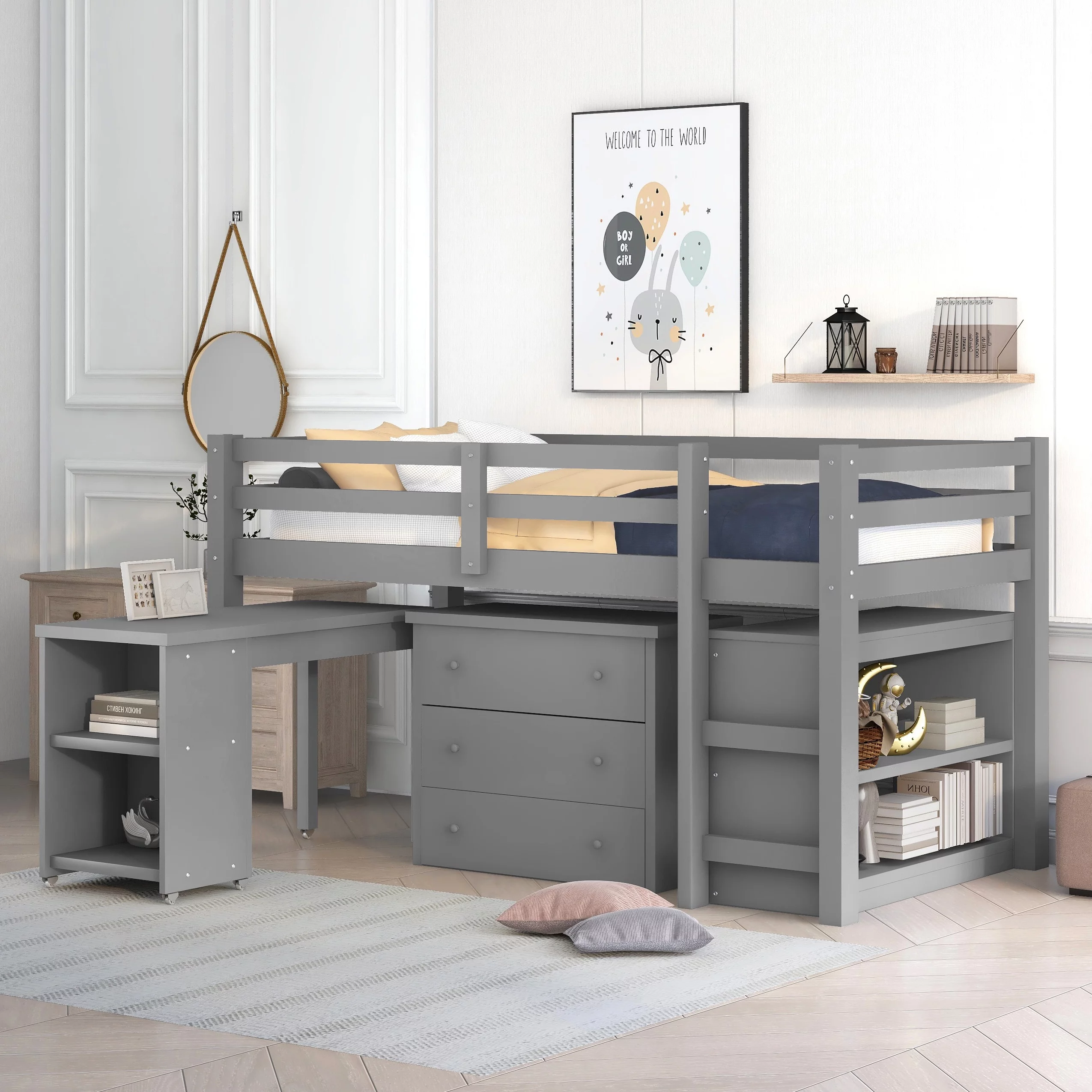 Bellemave Low Loft Bed with Movable Desk and Storage, Wood Twin Size Loft Bed with Drawers and Bookcase Shelf, Loft Bed with Cabinet for Kids and Teen（Gray)