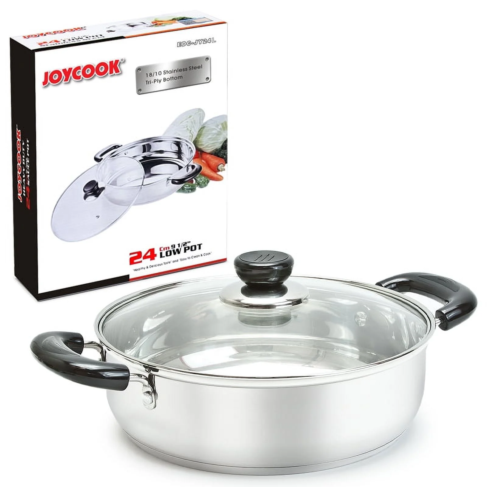 JOYCOOK Sauce Pot with Glass Lid 9.5 inch(24cm) 18/10 Stainless Steel Tri-Ply Bottom