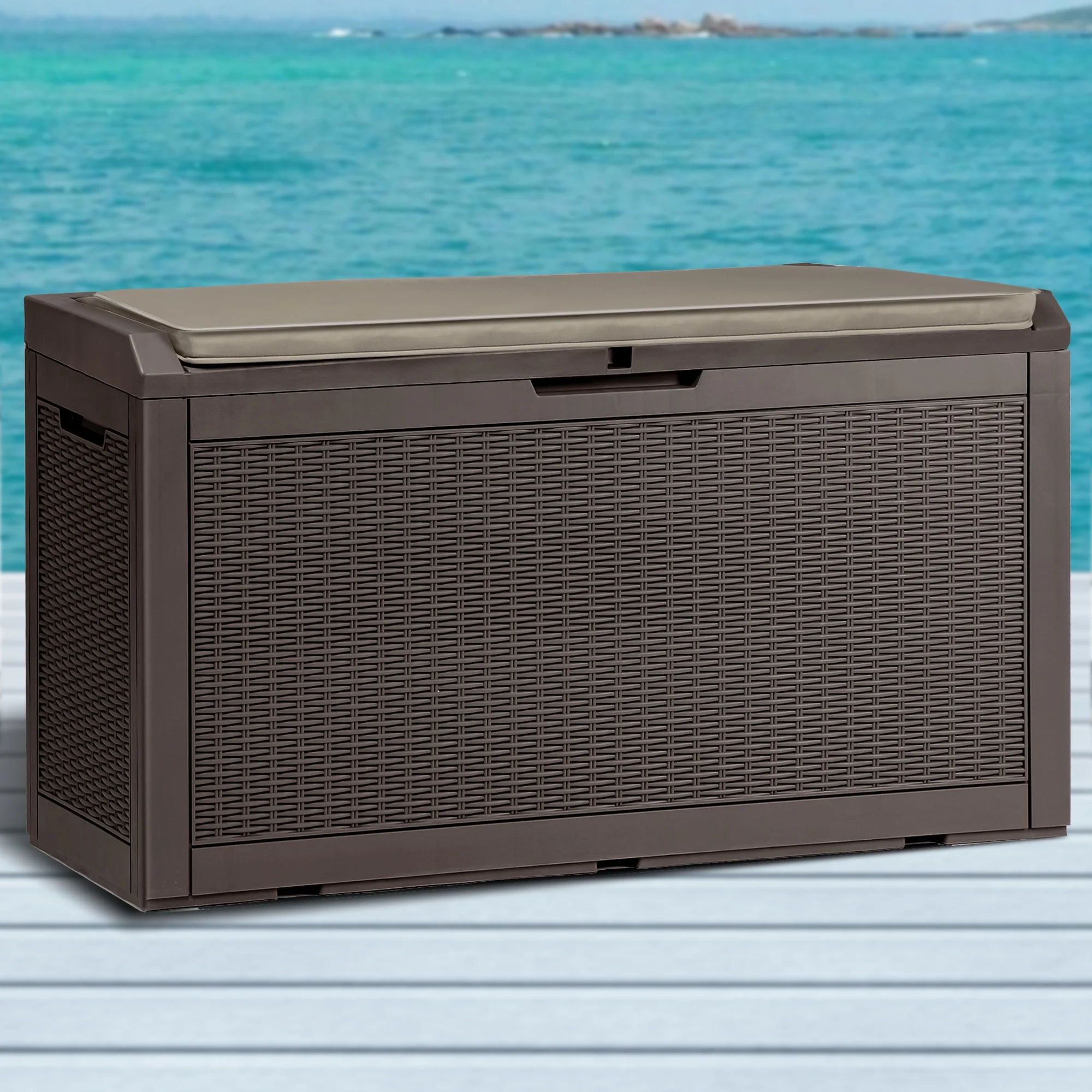 Dextrus 100 Gallon Waterproof Outdoor Deck Box with Cushion - Secure Storage for Patio Furniture, Outdoor Cushions, and Pool Supplies, Lockable - Brown