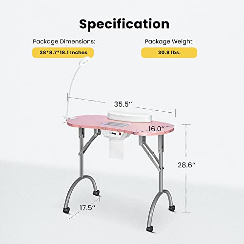 VIVOHOME Portable Manicure Nail Table on Wheels with Built-in Dust Collector, Updated USB-Plug LED Table Lamp, Carry Bag for Home Spa Beauty Salon Workstation, White