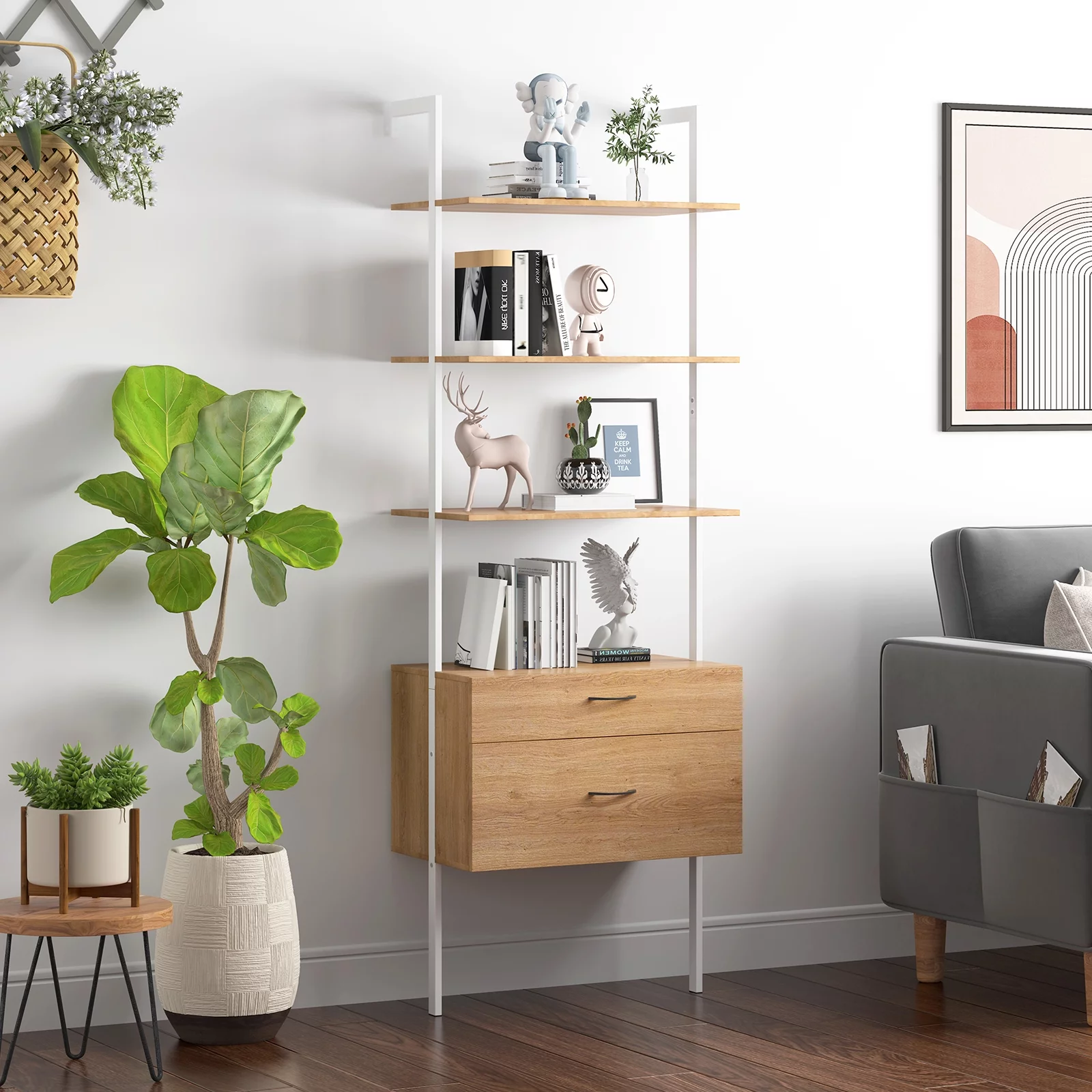 BALUS Modern Ladder Shelf, 6-Tier Open Wall-Mounted Bookshelf with Stable Metal Frame, Durable Wood Boards, Storage Rack Shelves, 71