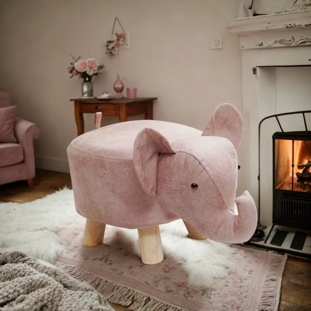Animal Footstool, Sofa Tea Stool, Wood Portable Storage, Cartoon Cute Ottoman Stool, Elephant Bench for Outdoor, Indoor Decor, Playroom Entryway Pink