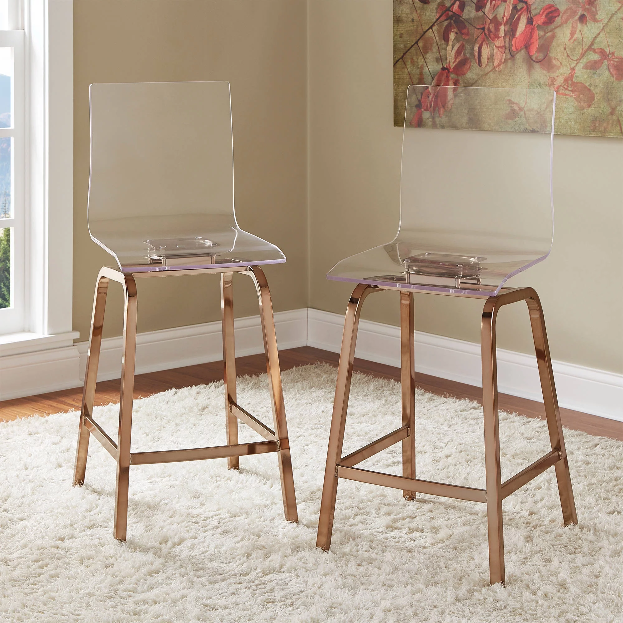Chelsea Lane Acrylic and Champagne Gold Swivel Stool, Set of Two, Counter Height
