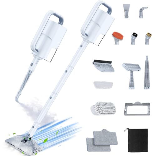 ScrubWiz Steam Mop Cleaner with Detachable Handheld Steamer, 10-in-1 Multi Accessories, Washable Microfiber Pads, 350ml and 2 Adjustable Levels for Cleaning Floor, Carpet, Tiles, and Grout, Gray