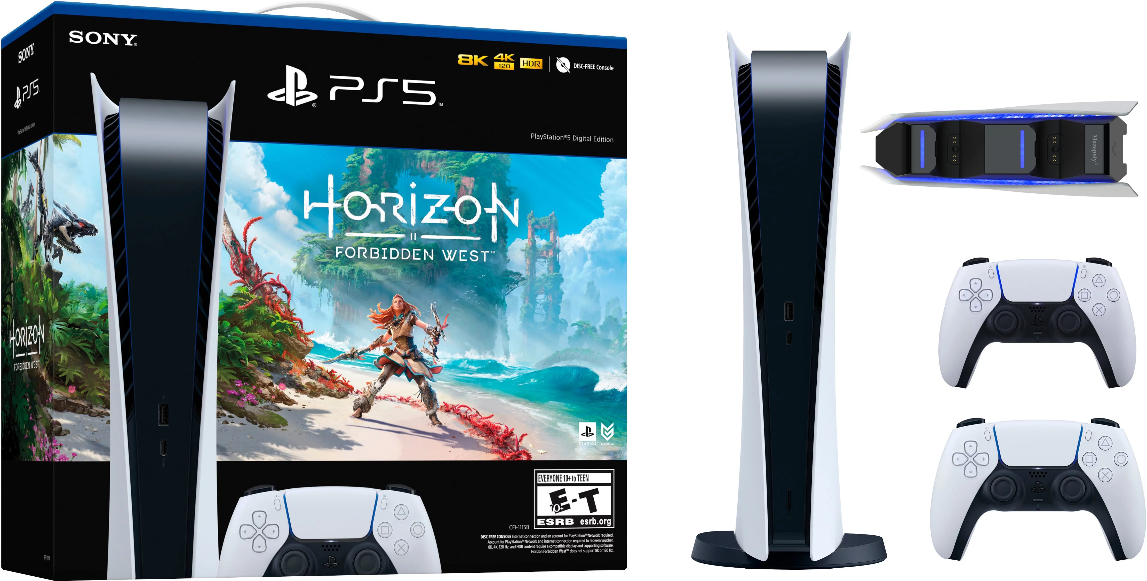 Play-Station-5 Digital Edition Horizon Forbidden West Bundle, Extra White Wireless Controller + Mazepoly Dual Charger Dock for Controllers