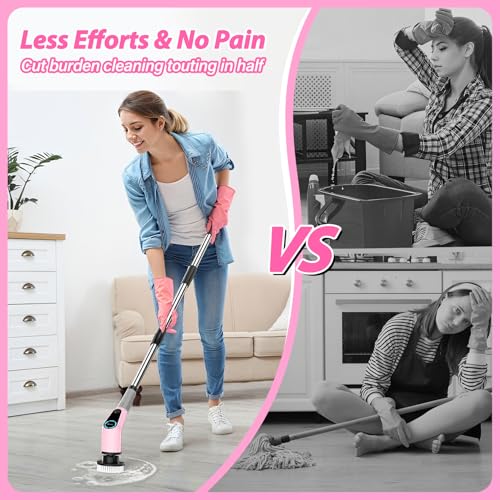 Electric Spin Scrubber, Cordless Cleaning Brush, Shower Scrubber with 8 Replaceable Brush Head, Power Cleaning Brush with Extension Handle, 2 Adjustable Speed, for Bathtub Grout Tile Floor