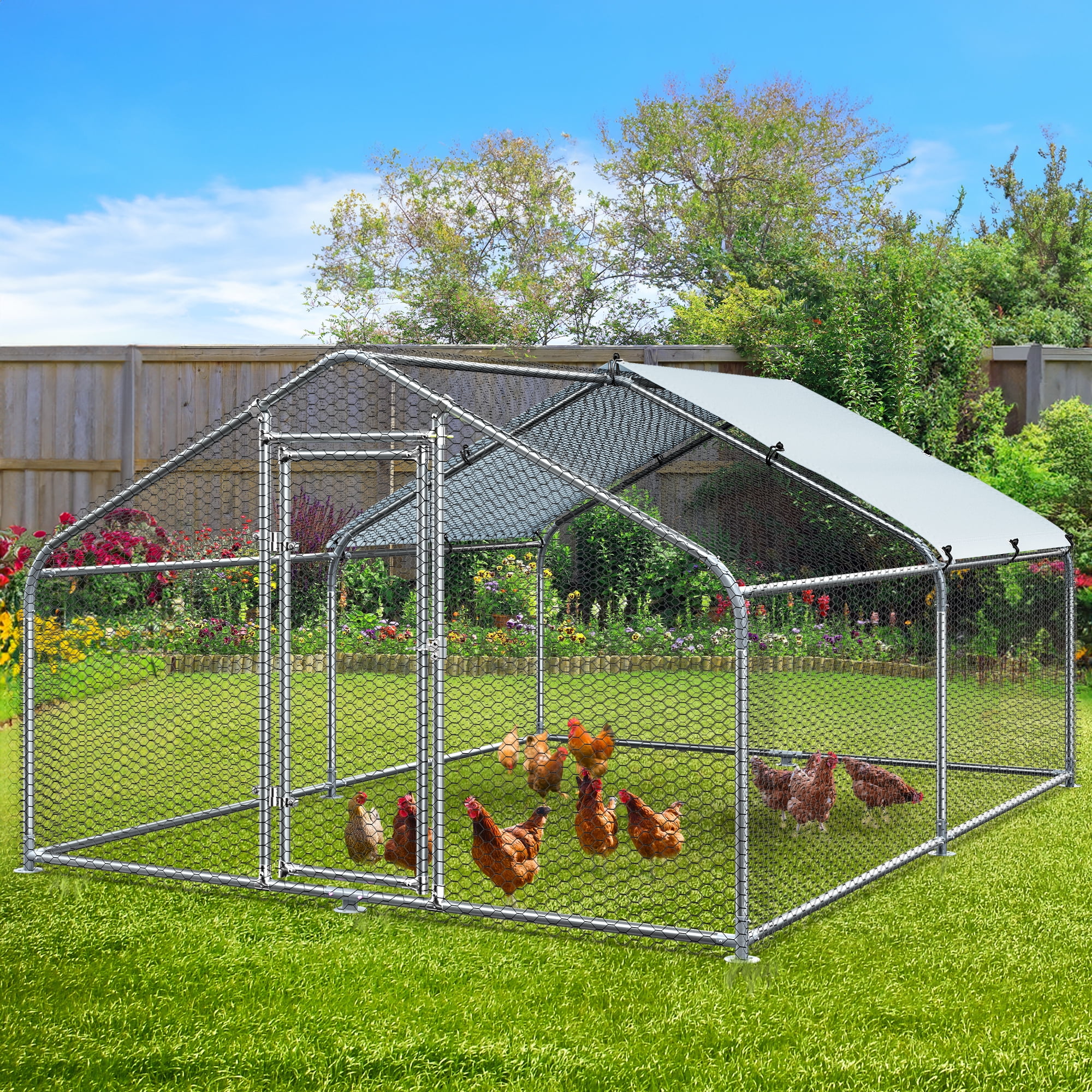 Dextrus Large Metal Chicken Coop Walk-in Poultry Cage Hen Run House Rabbits Habitat Cage Spire Shaped Coop with Waterproof and Anti-Ultraviolet Cover for Backyard Farm Use-2 Cages