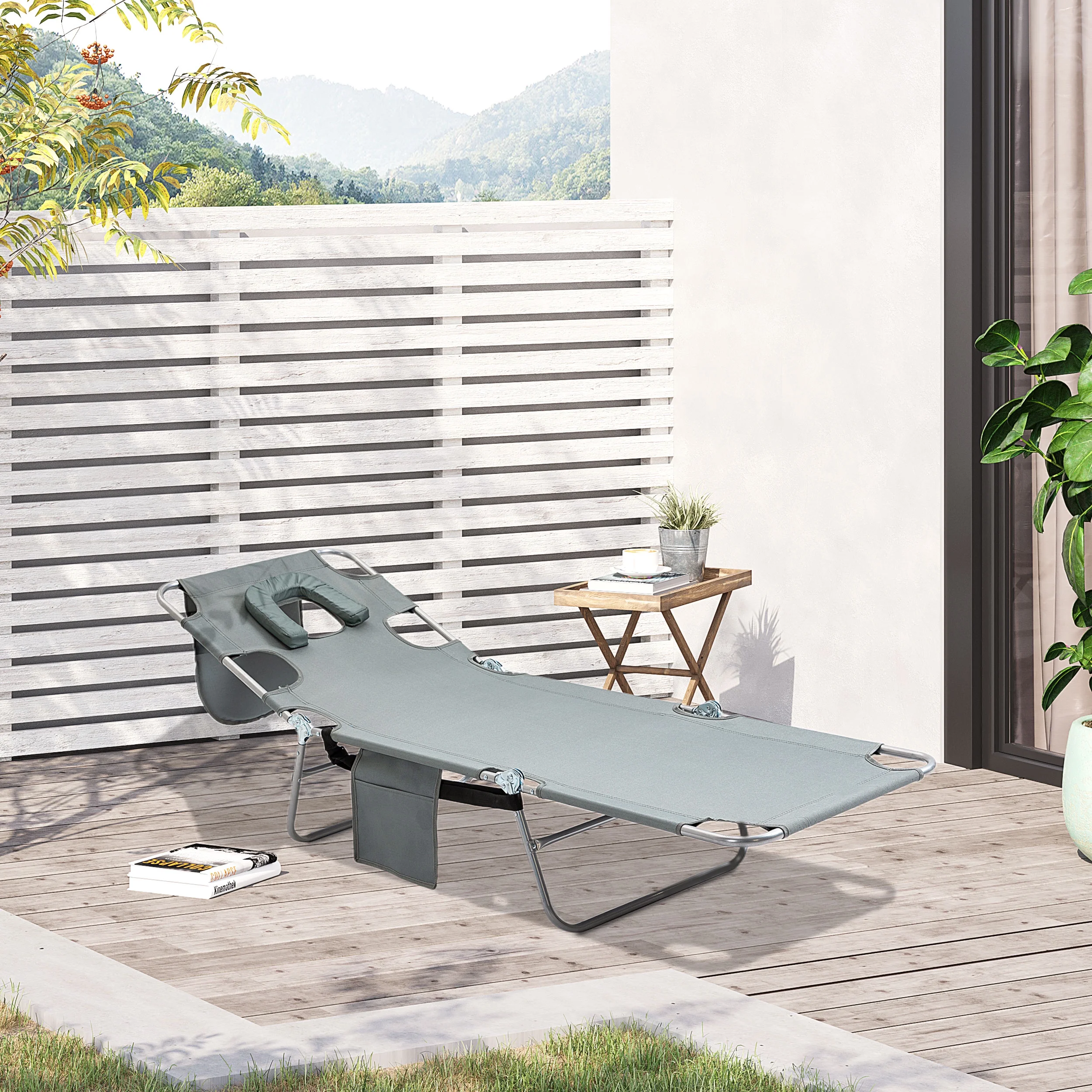 Outsunny Folding Outdoor Lounge w/ Face Hole, 5-level Recline, Gray