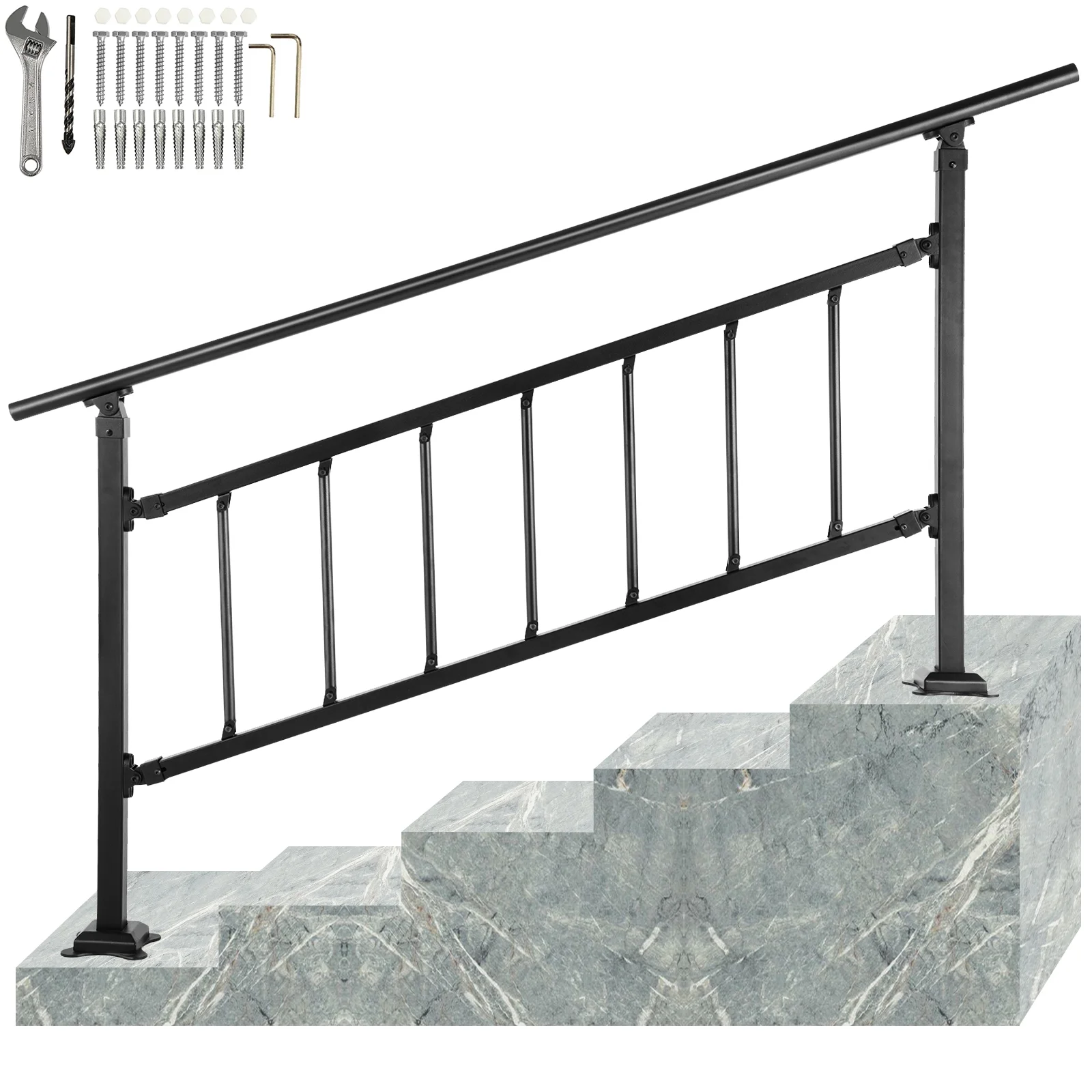 VEVOR Outdoor Stair Handrail, Fits for 1-4 Steps Transitional Wrought Iron Railing, Adjustable Exterior Stair Railing, Handrails for Concrete Steps with Installation Kit, Matte Black Outdoor Handrail