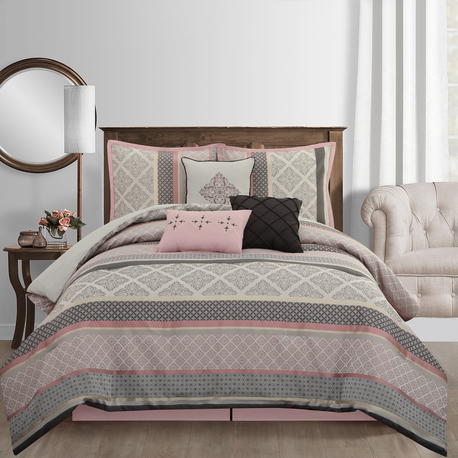 Lanco Geometric Blush Comforter Set King Size , 7 Piece Jacquard Bedding Set , Ultra-soft