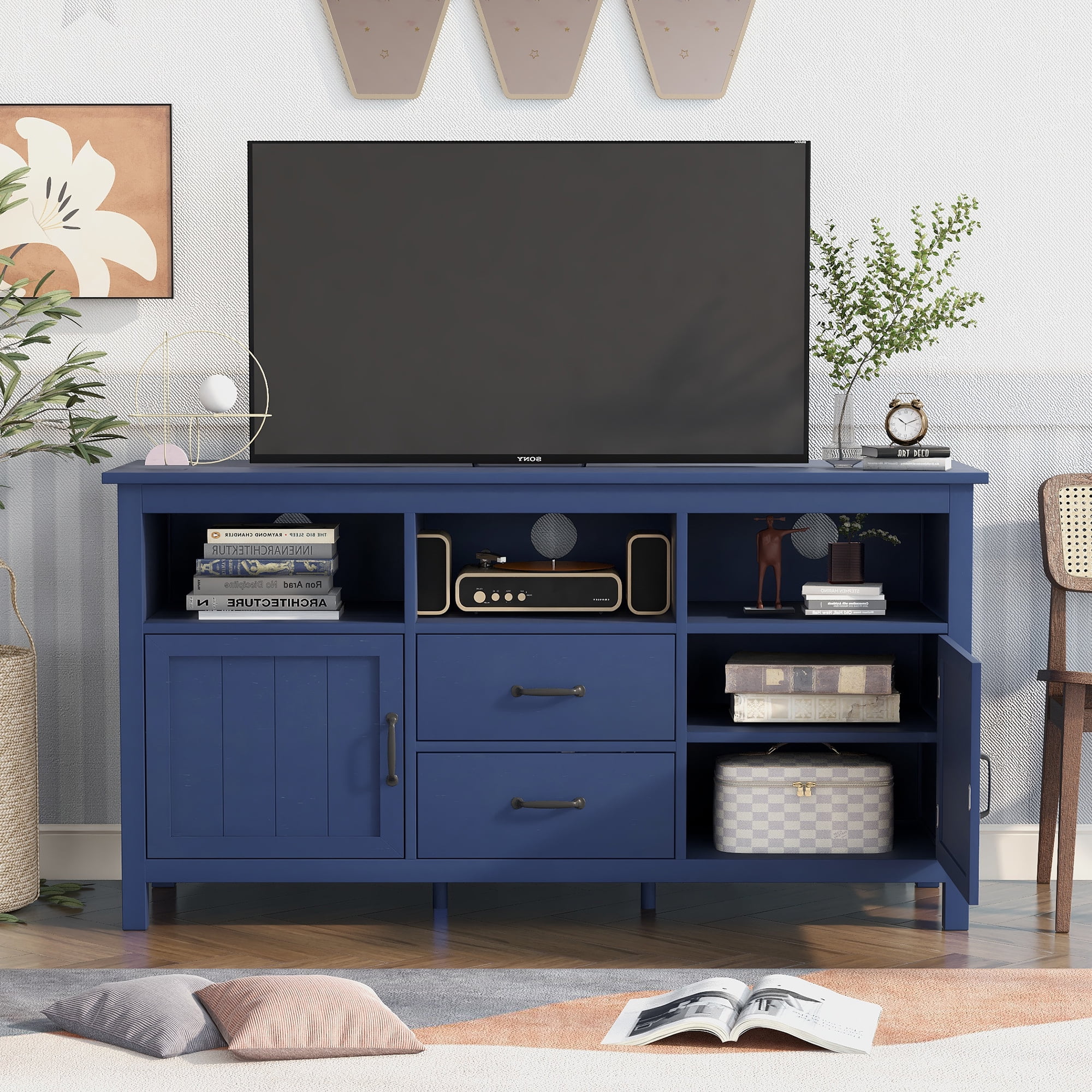 Bellemave TV Stand for TV up to 65 Inch with 2 Doors and 2 Drawers Open Style Cabinet, Sideboard for Living room(Navy)