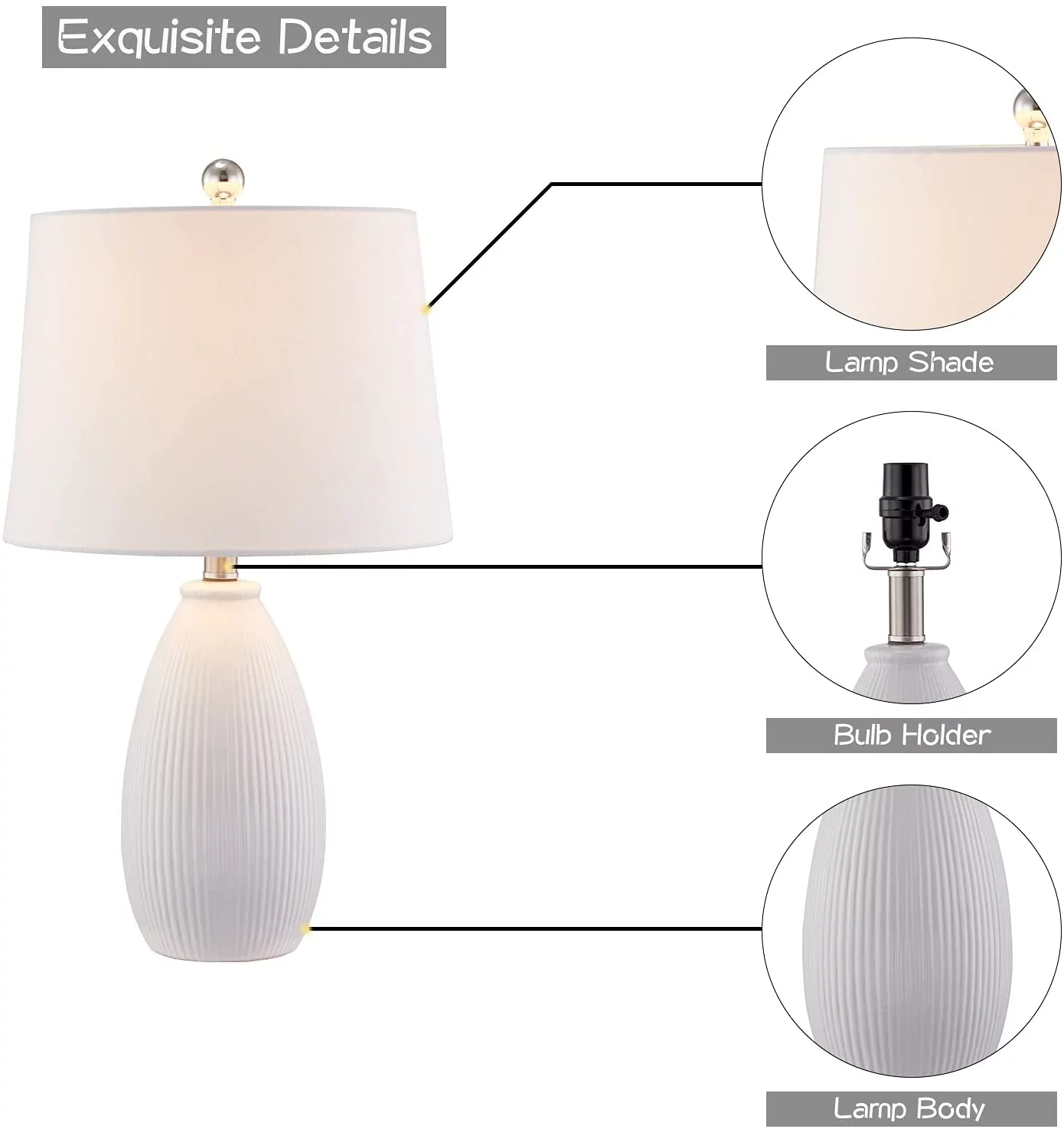 Maxax Table Lamps Set of 2 - Ceramic Nightstand Lamps White Bedside Lamp with White Shade