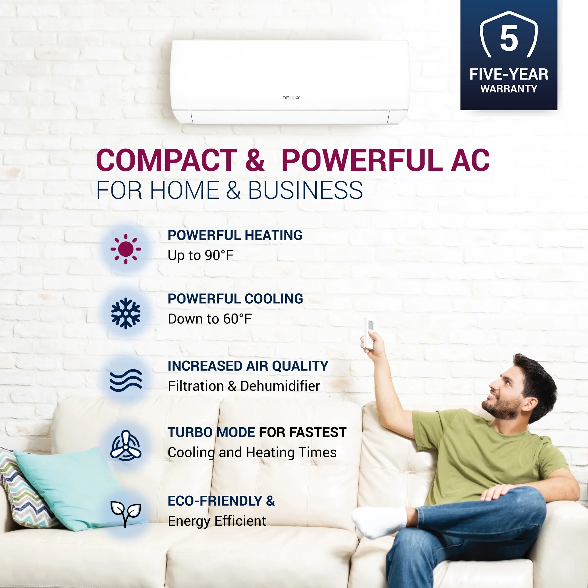 DELLA 9000 BTU Wifi Enabled Mini Split 17 SEER2 Cools Up to 450 Sq.Ft, 208V-230V, Works with Alexa, Air Conditioner & Heater with Pre-Charged Heat Pump (R32 Refrigerant) (JA Series)