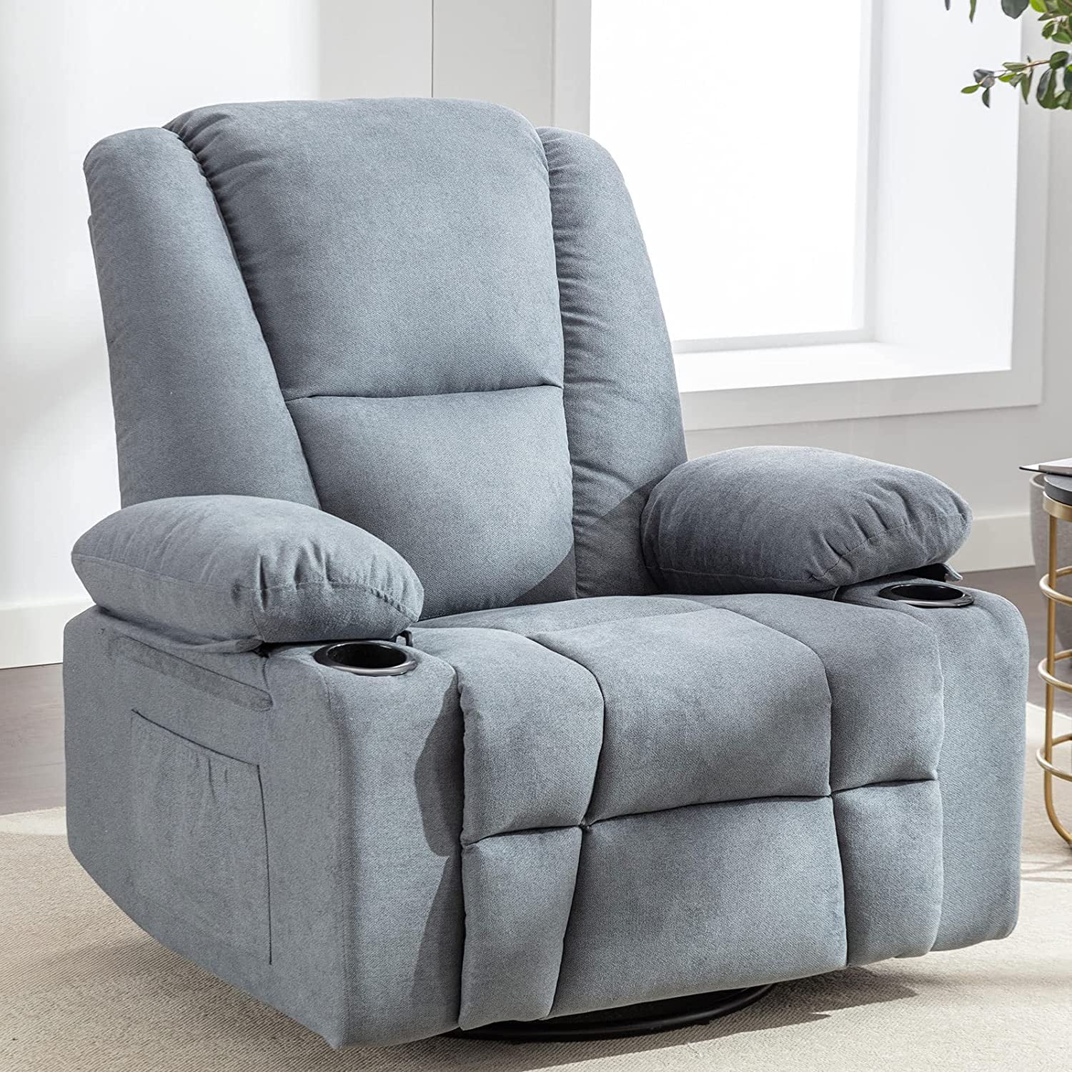 Bonzy Home Swivel Rocker Recliner Chair, Manual 360 Degree Swivel Glider Recliner, Nursery Rocking Recliner Chair with 2 Cup Holder, Overstuffed Soft Fabric Reclining Chair Home Theater Seat, Blue
