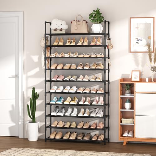 VTRIN 10 Tiers Shoe Rack Tall Large Capacity 50 Pairs Wide Shoe Organizer Sturdy Shoe Shelf for Entryway with Two Hooks Metal Shoe Storage for Closet, Bedroom, Black