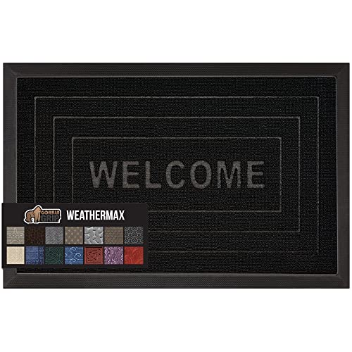 Gorilla Grip 100% Waterproof All-Season WeatherMax Doormat, Durable Natural Rubber, Stain and Fade Resistant, Low Profile, Indoor Outdoor Door Mats, Easy Clean Patio Entrance Mat, 17x29, Gray Diamond