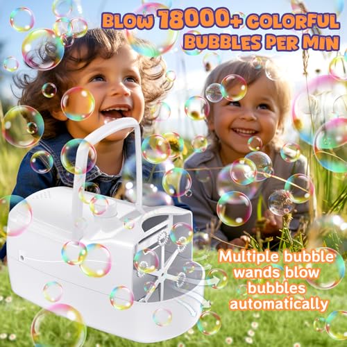 Bubble Machine, Automatic 18000+ Per Minute Big Bubbles Blower Maker for Kids Toddlers with 2 Speeds,6 Wands,Operated by Plugin or Batteries for Outdoor/Indoor Birthday Parties,Wedding (Black)