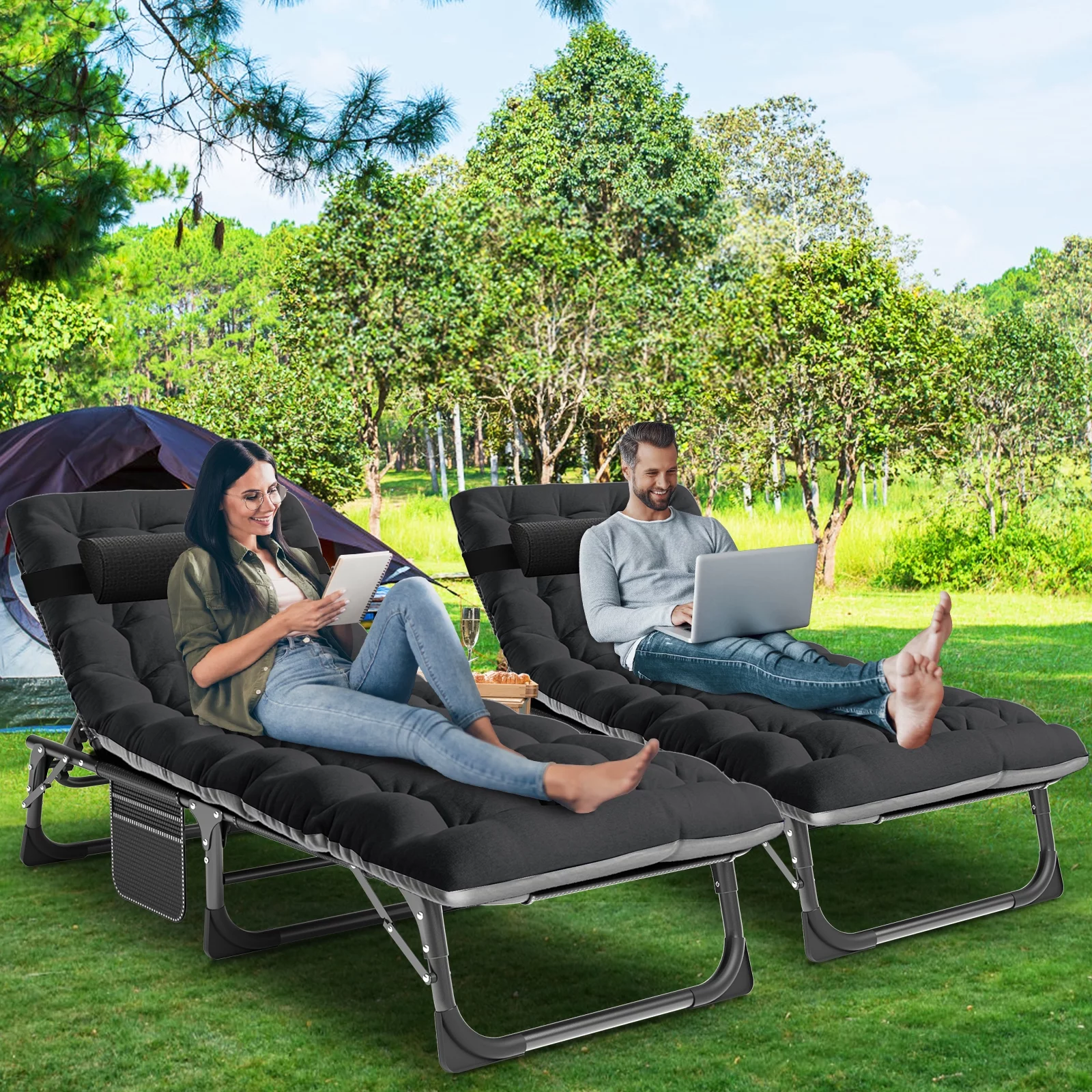 MOPHOTO Set of 2 Patio Lounge Chairs, Folding Chaise Lounge Chair 5-Position, Folding Cot, Heavy Duty Patio Chaise Lounges for Outside, Poolside, Beach, Lawn, Camping