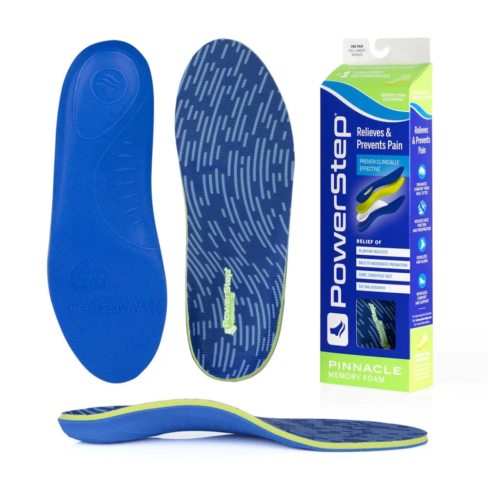 PowerStep Pinnacle Memory Foam Full Length Orthotic Shoe Insoles with Arch Support for Sensitive Feet, Fat Pad Atrophy, Plantar Fasciitis