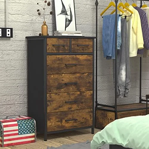 GEROBOOM 6 Drawer Dresser  Industrial Wood  Dressers & Chests of Drawers with Sturdy Steel Frame   Dresser for Bedroom Wood (Rustic Brown)
