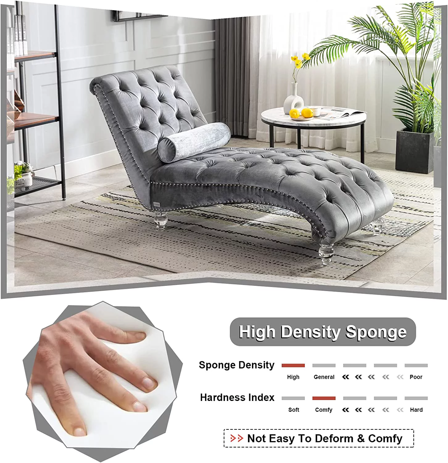 KINFFICT Chaise Lounge Indoor, Modern Upholstered Lounge Chair with Acrylic Legs, Velvet Chaise Lounge Chair for Bedroom, Living Room,Gray