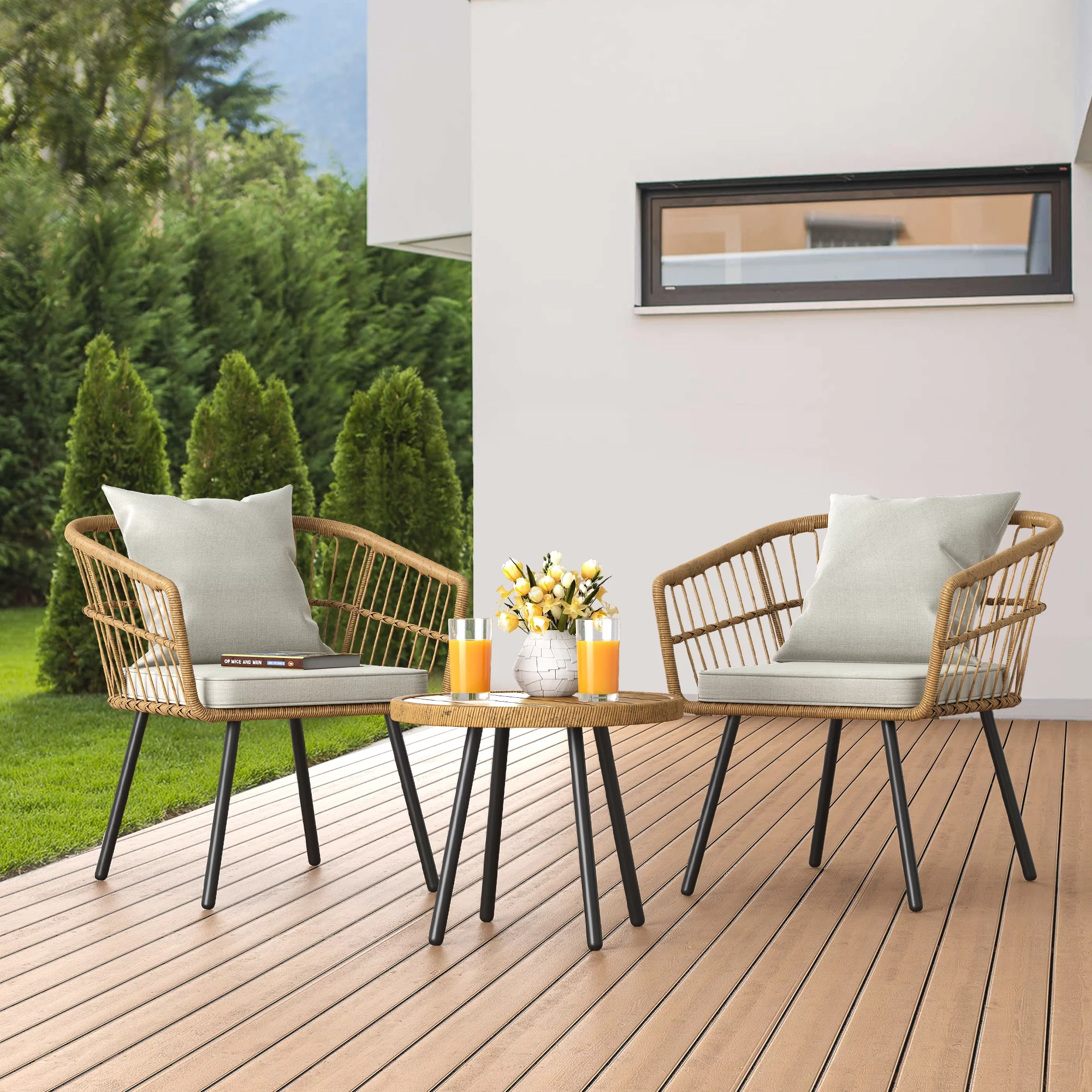 Dextrus 3 Piece Outdoor Wicker Furniture Patio Bistro Set, PE Rattan Wicker Chairs Set with Table and Cushions, Porch Balcony Furniture Set for Porch Backyard Pool, Beige