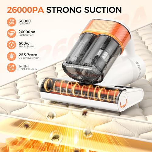 Mattress Vacuum Cleaner, 26Kpa 500W Strong Suction Bed Vacuum with UV and Ultrasonic and High Heating, Dual Dust Bins with Washable Filters, Ideal for Dust and Pet Hair Removal, Corded