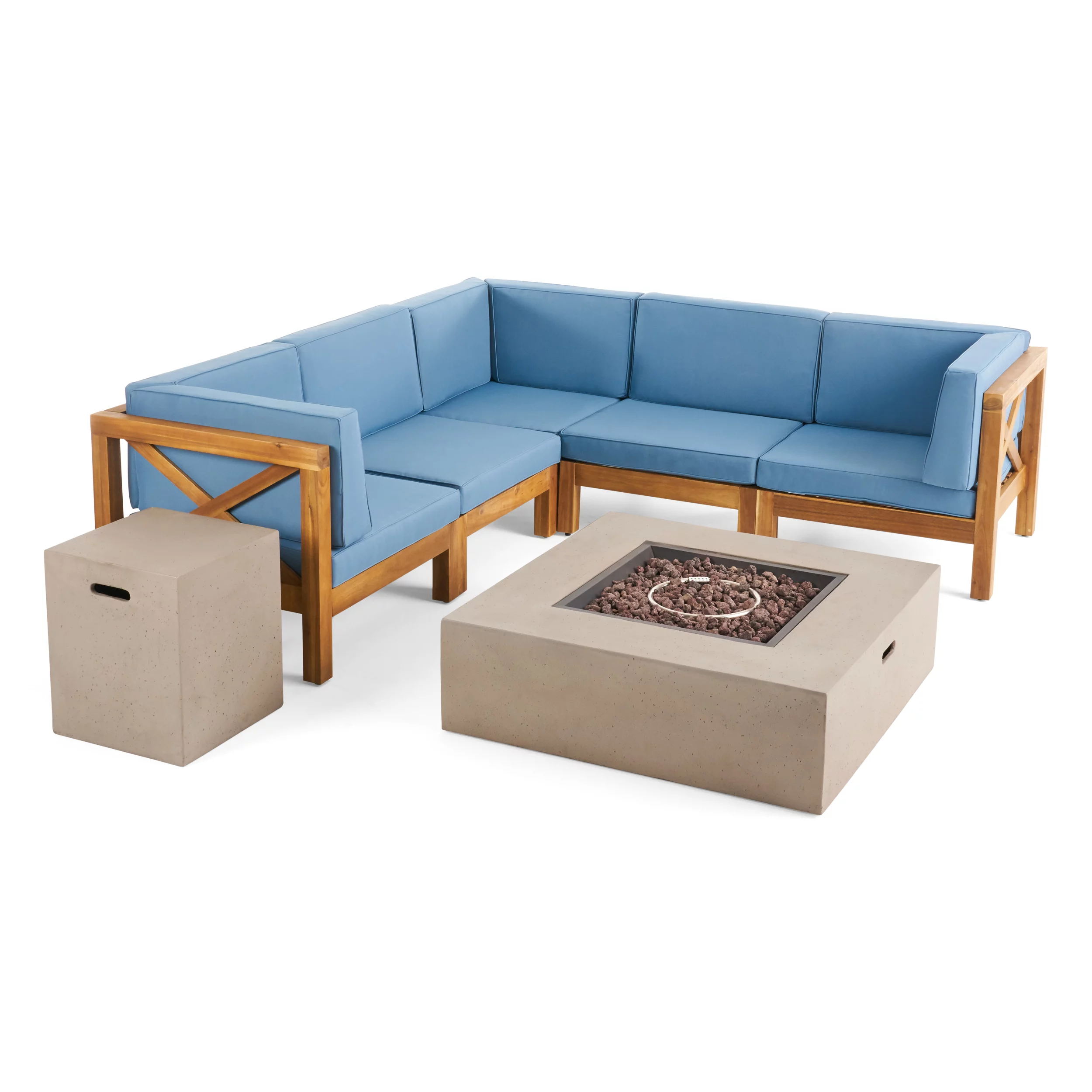 GDF Studio Keith Outdoor Acacia Wood 5 Seater Sectional Sofa Set with Fire Pit, Blue