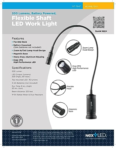 NextLED NT-7647 20-Inch Gooseneck Flashlight with Magnetic Base, Cree LED, Zoomable Lens, IP54 Rating Waterproof. Flexible LED Light, Work Bench, Auto Repair, Grill Light, Inspection