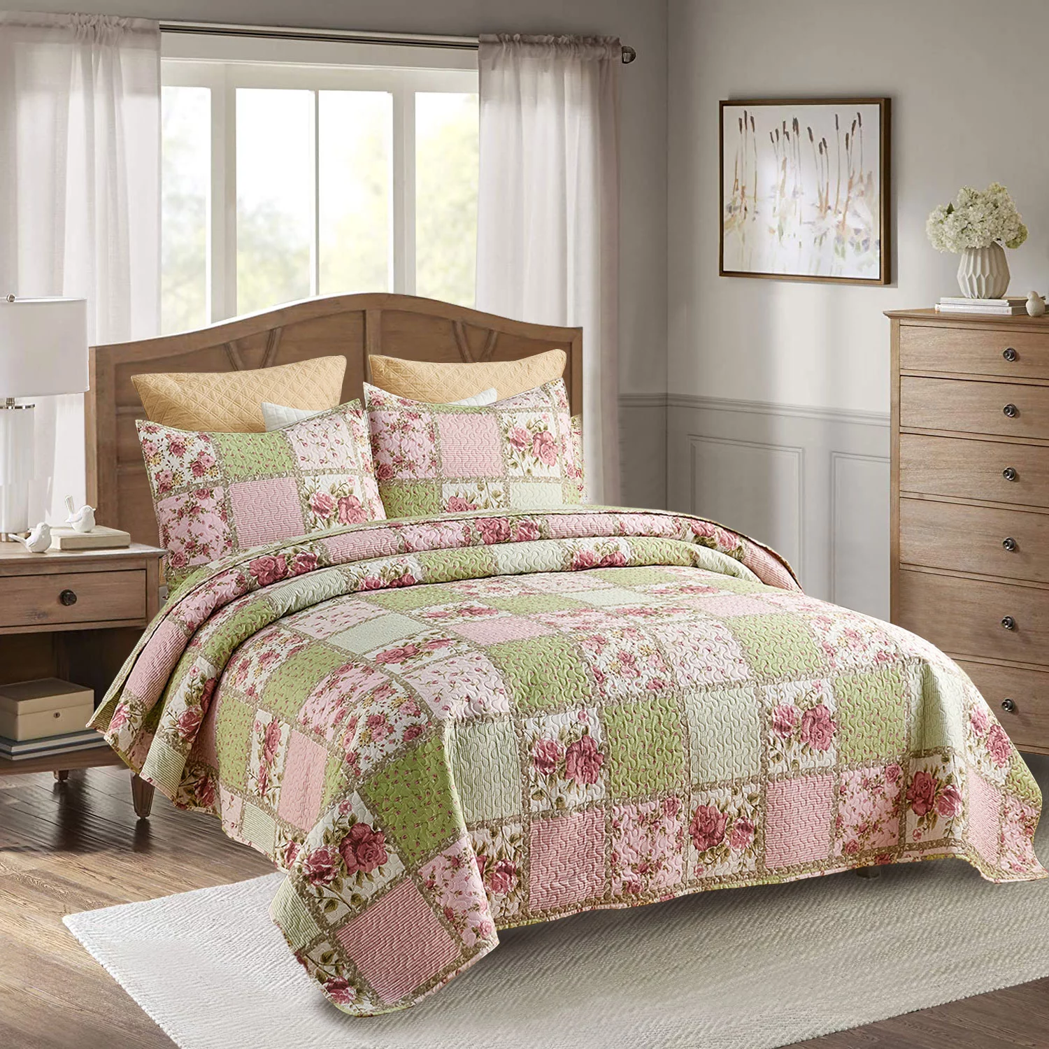 JML Bedspread Set 3-Piece Queen Size, Soft Reversible 1 Quilt & 2 Shams Quilt Coverlet Set, Pink Green Flower