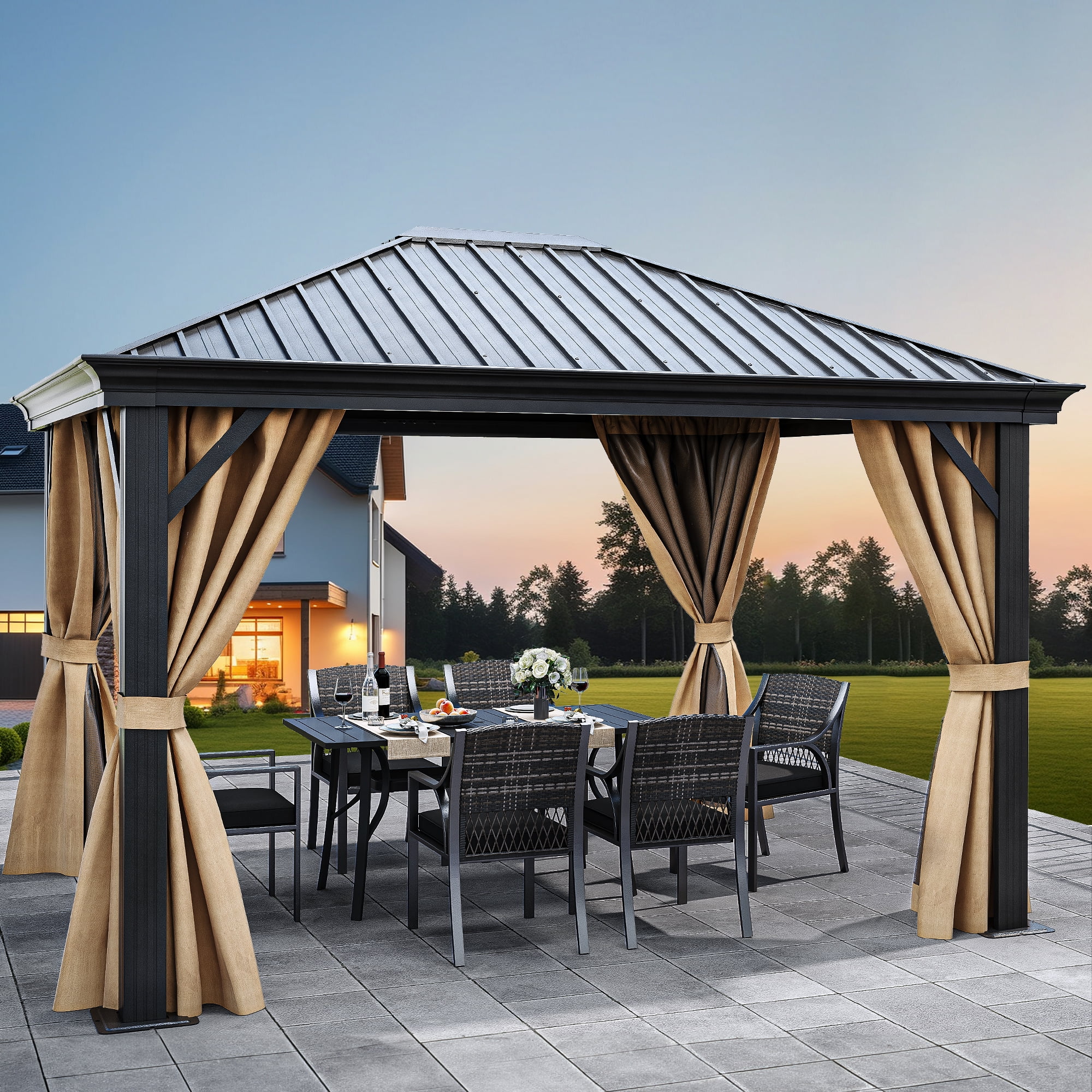 Dextrus 10x12ft Hardtop Gazebo with Nettings and Curtains, Heavy Duty Galvanized Steel Outdoor Vertical Stripes Roof for Patio, Backyard, Deck, Lawns, Brown