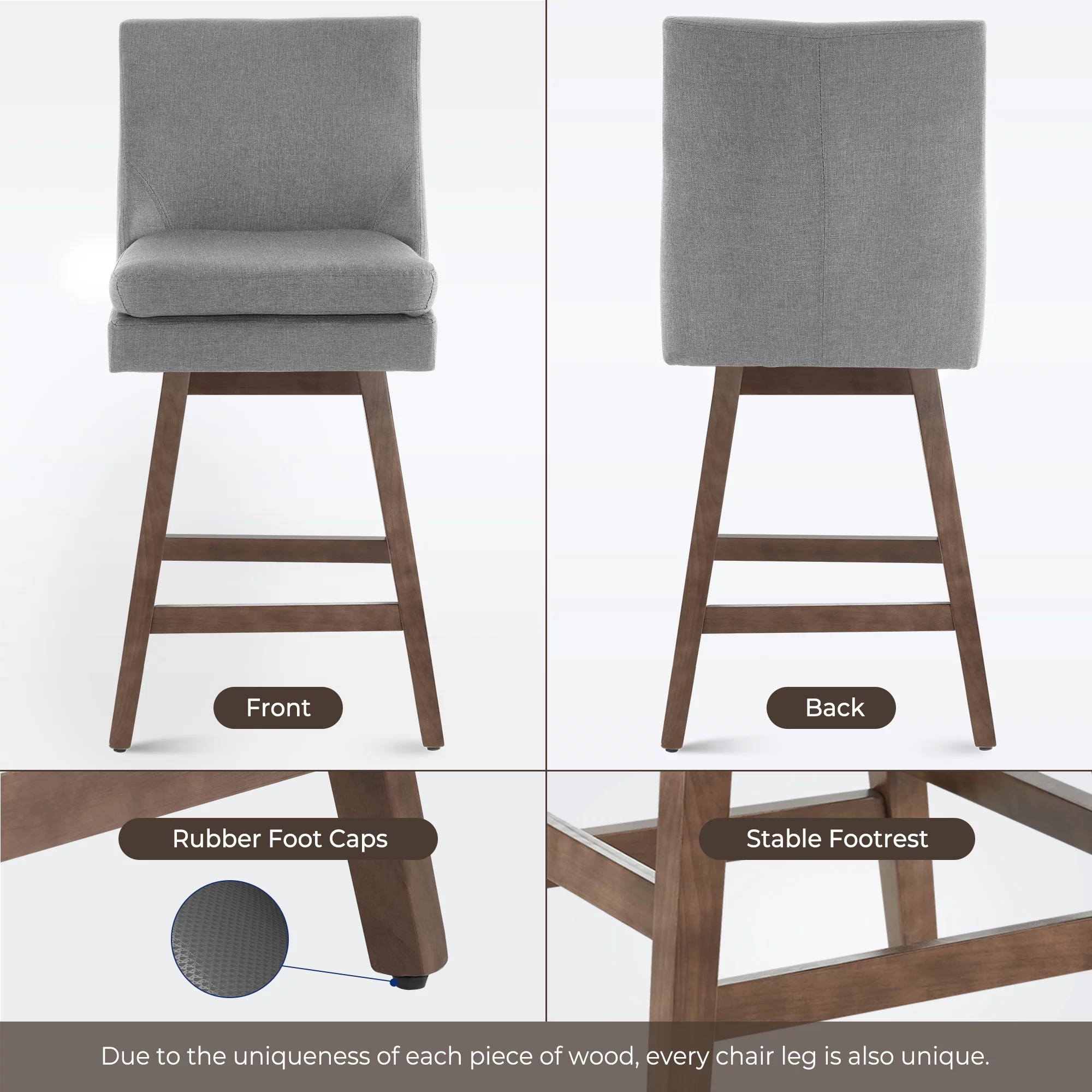 Unikome Bar Stools Set of 2 Modern Upholstered Counter Height Swivel Barstools, 360° Swivel Counter 26