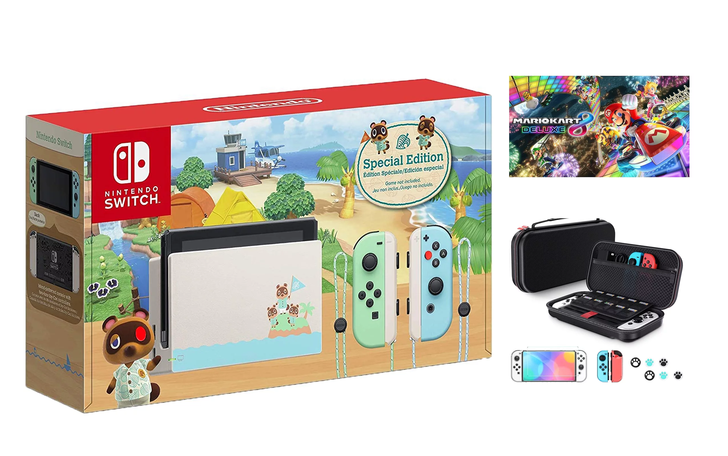 Nintendo Switch Animal Crossing: New Horizons Edition Jon-Con Console, 32GB Internal Storage, Bundle with Mario Kart 8 Deluxe & 10 in 1 Accessory Case